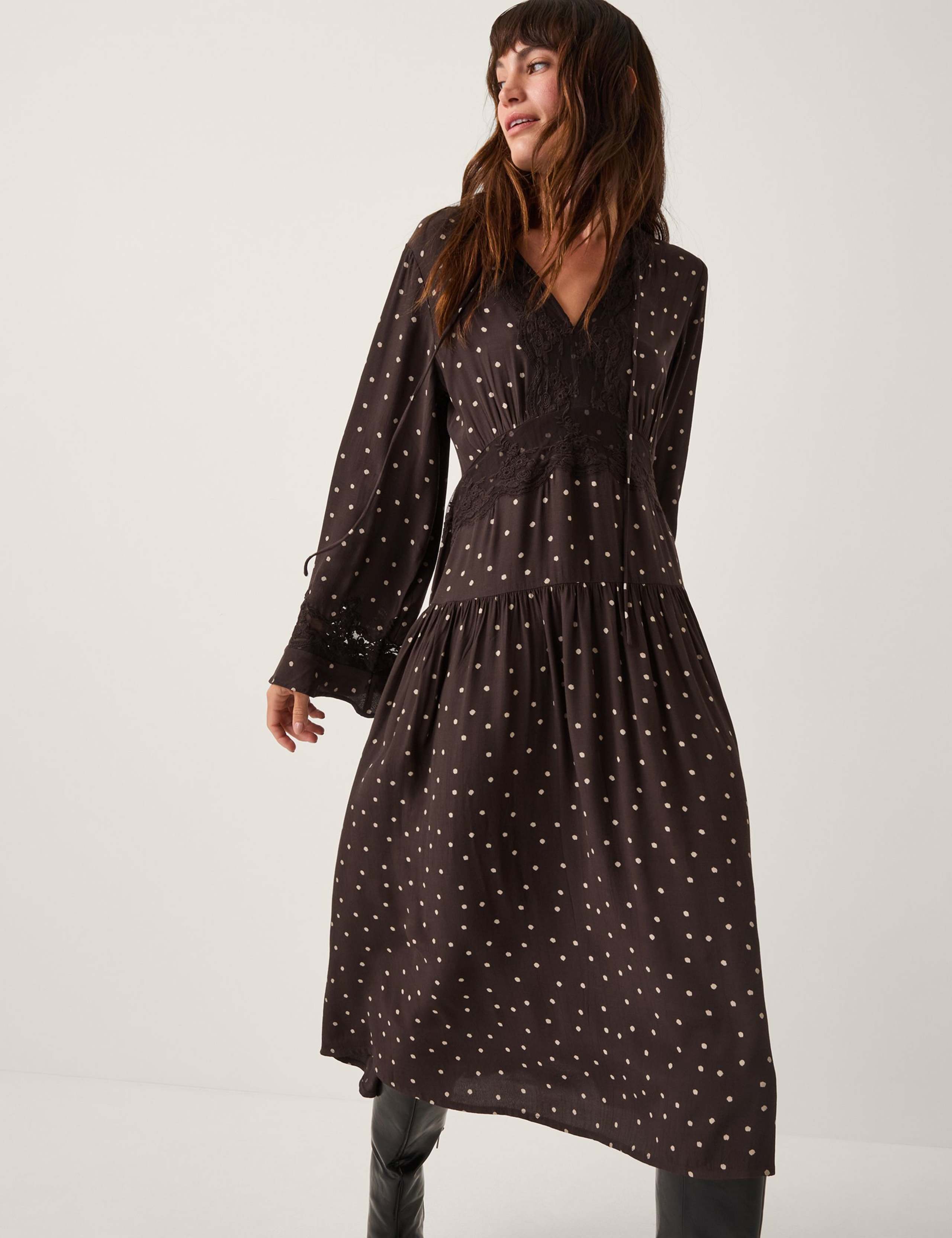 Polka Dot V-Neck Midi Waisted Dress
