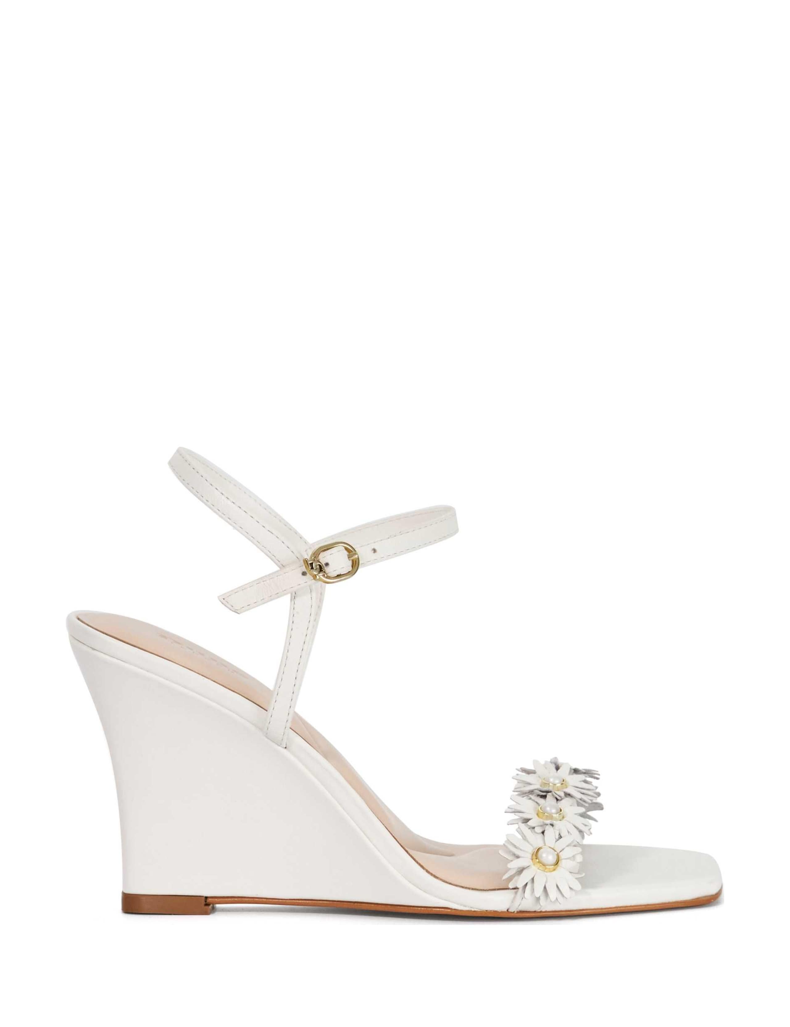 Leather Buckle Floral Strappy Wedge Sandals
