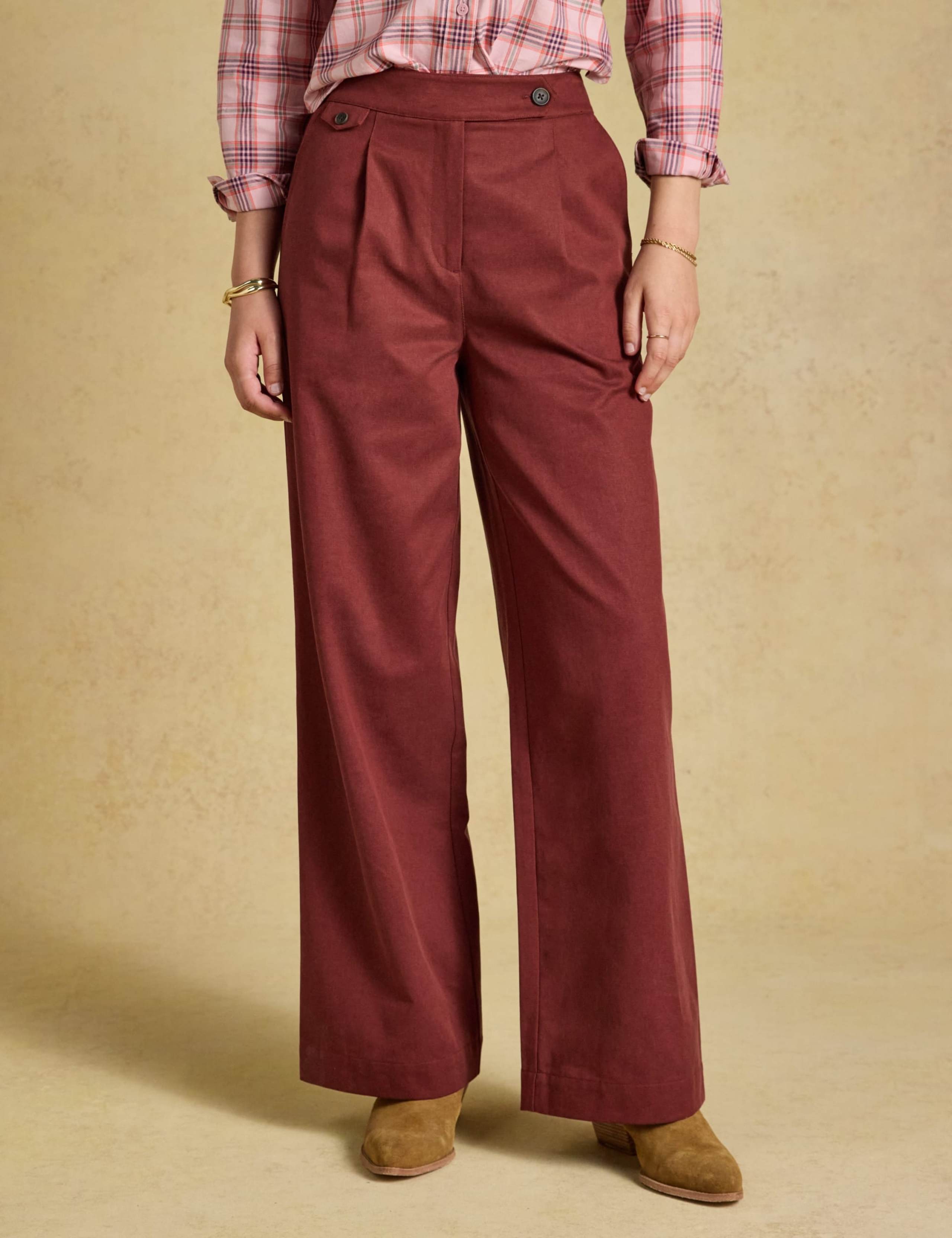 Cotton Blend Pleat Front Wide Leg Trousers