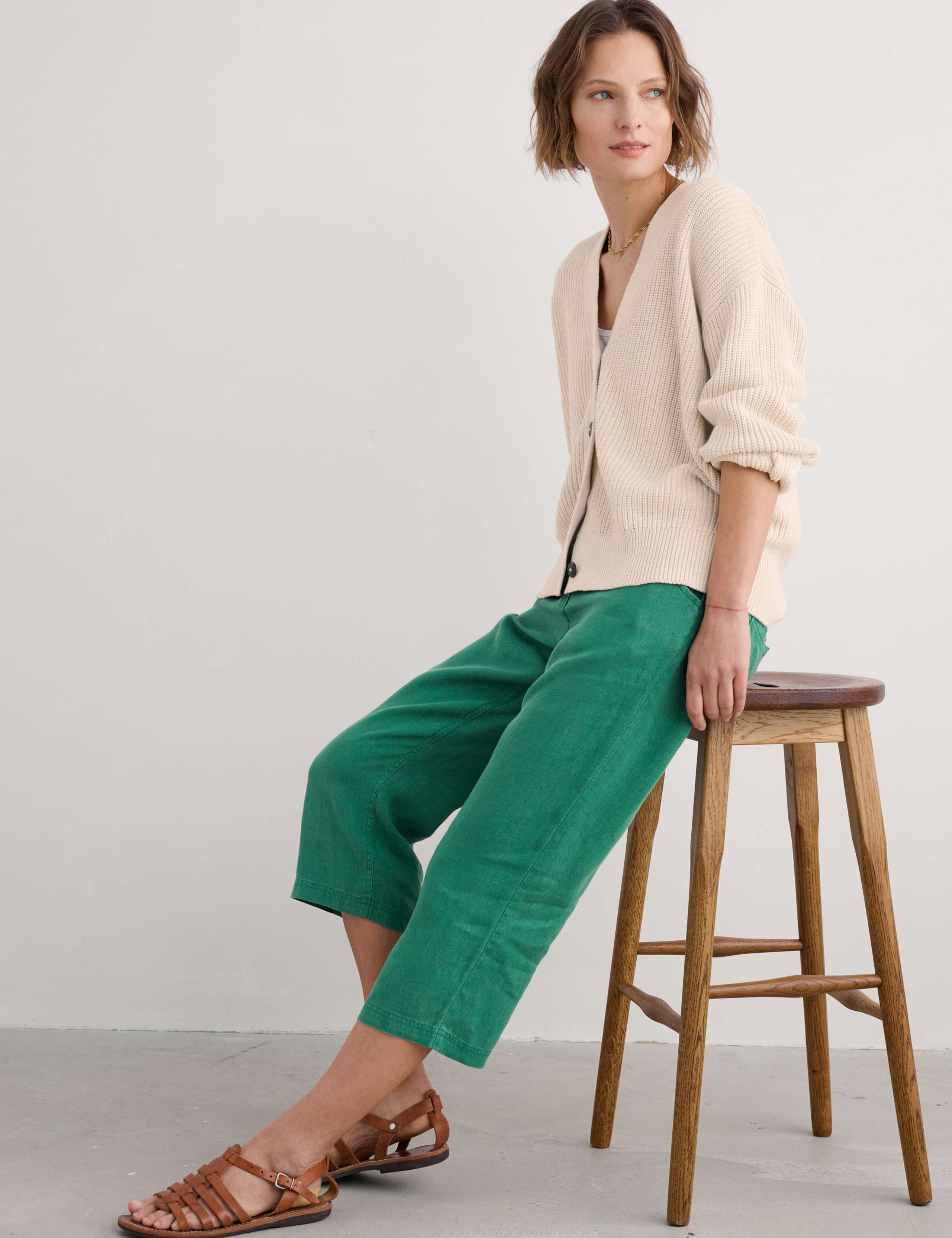 Pure Linen Straight Leg Cropped Trousers