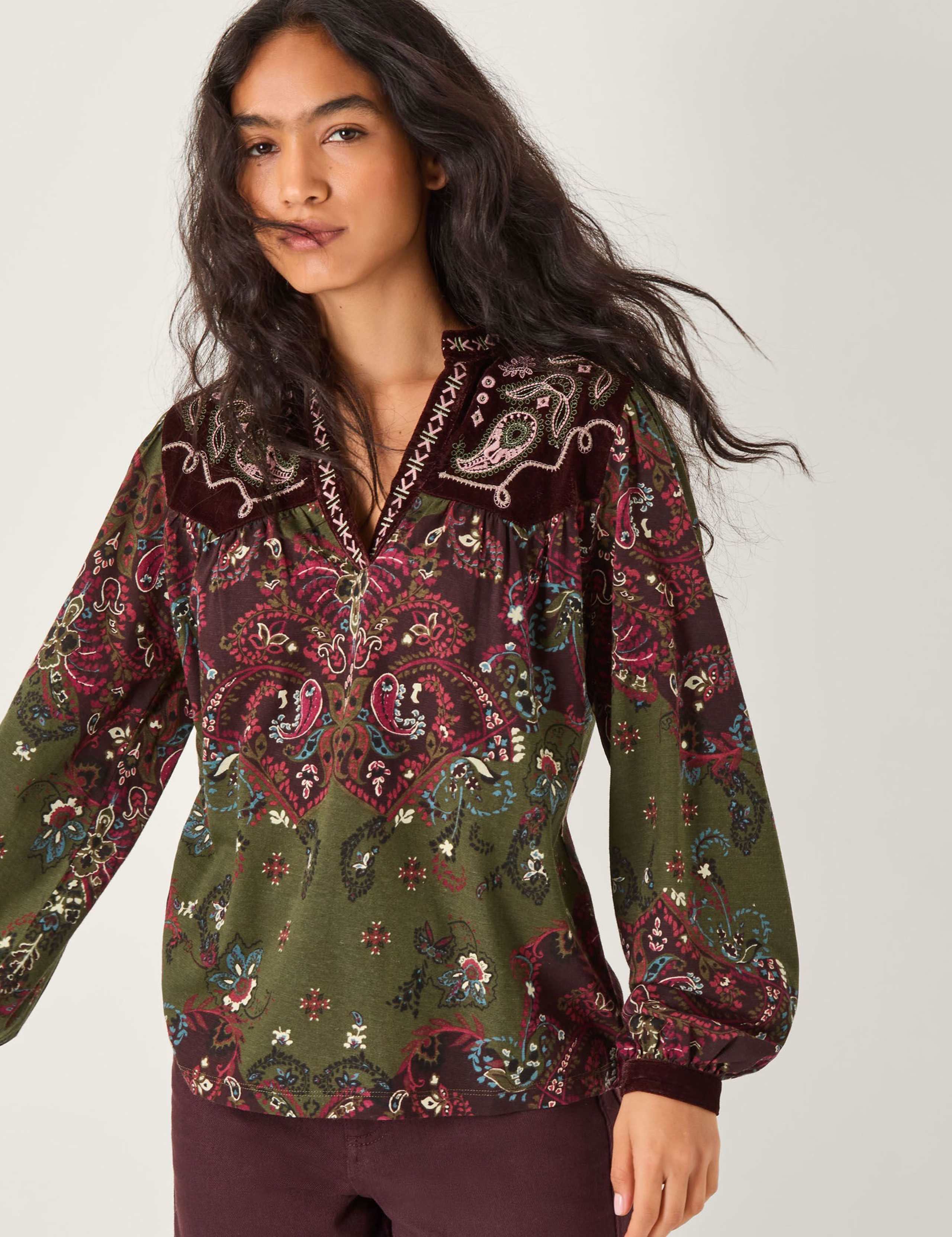 Cotton Rich Jersey Paisley Notch V-Neck Top