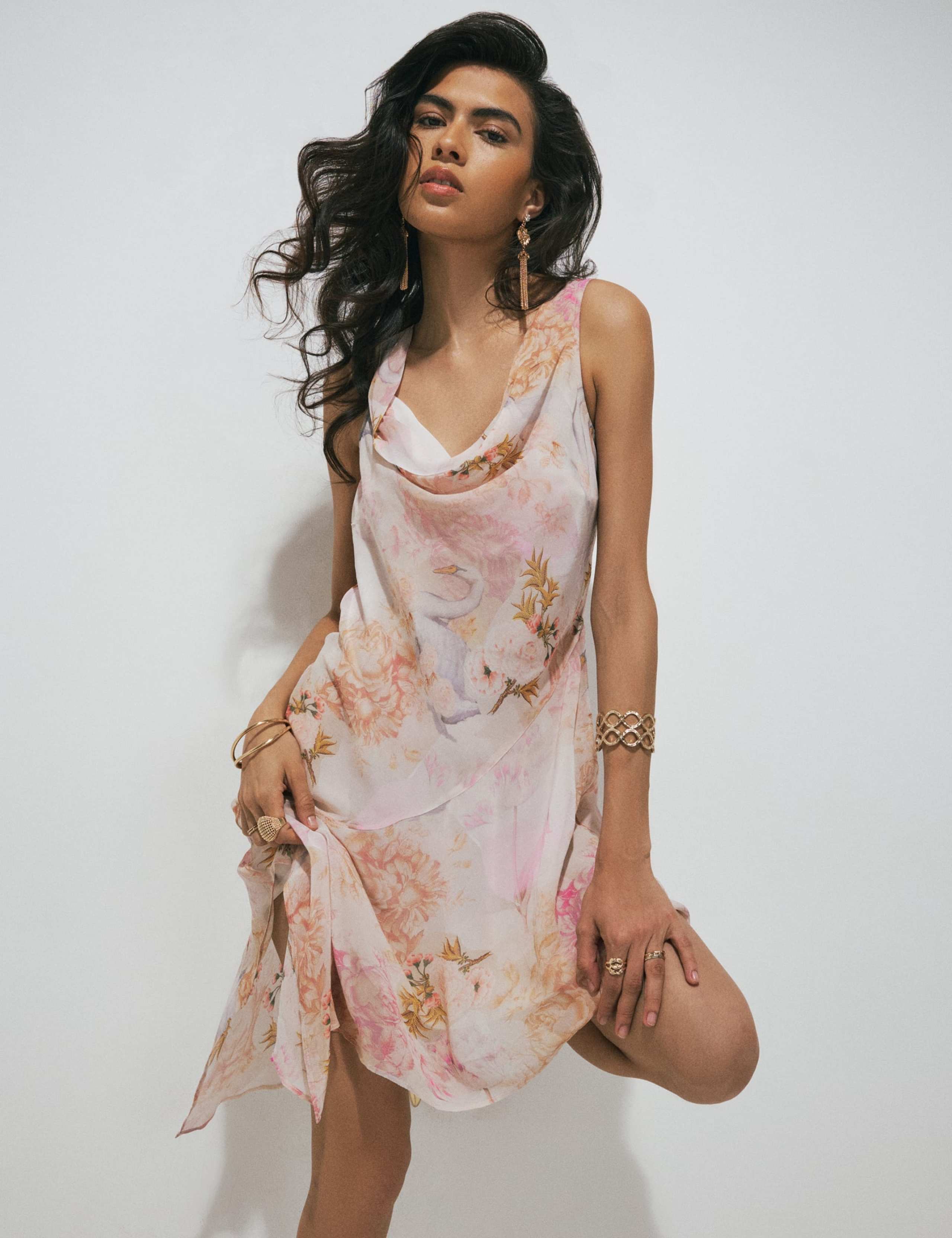 Swan Print Cowl Neck Asymmetric Mini Dress