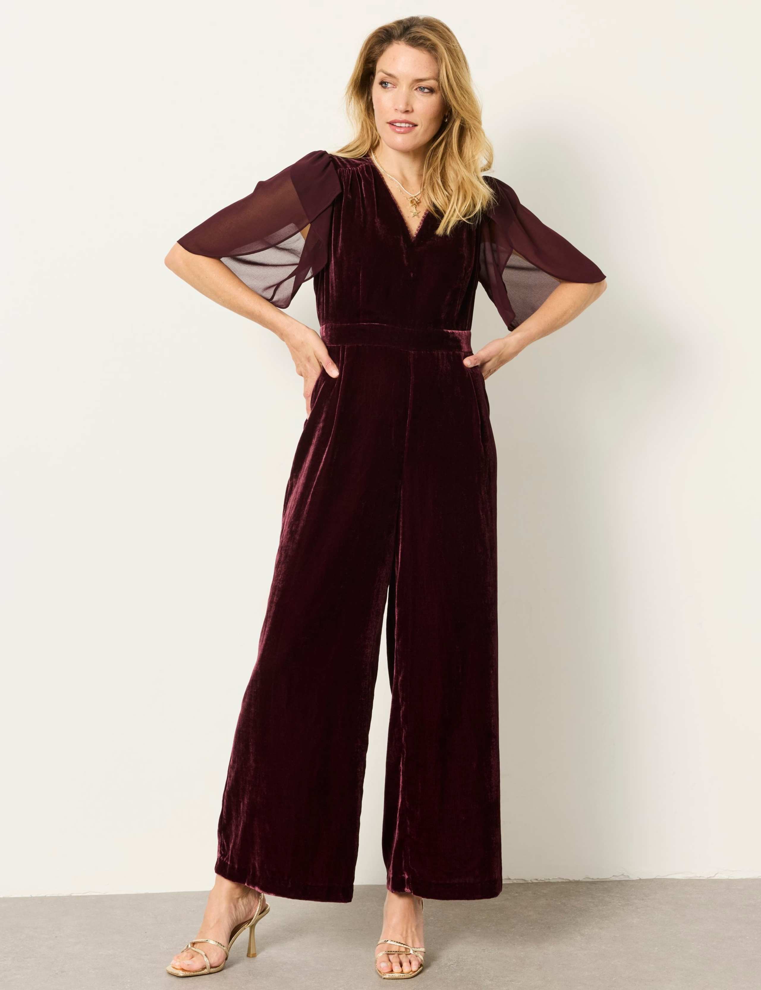 Velvet Tulip Sleeves Waisted Jumpsuit