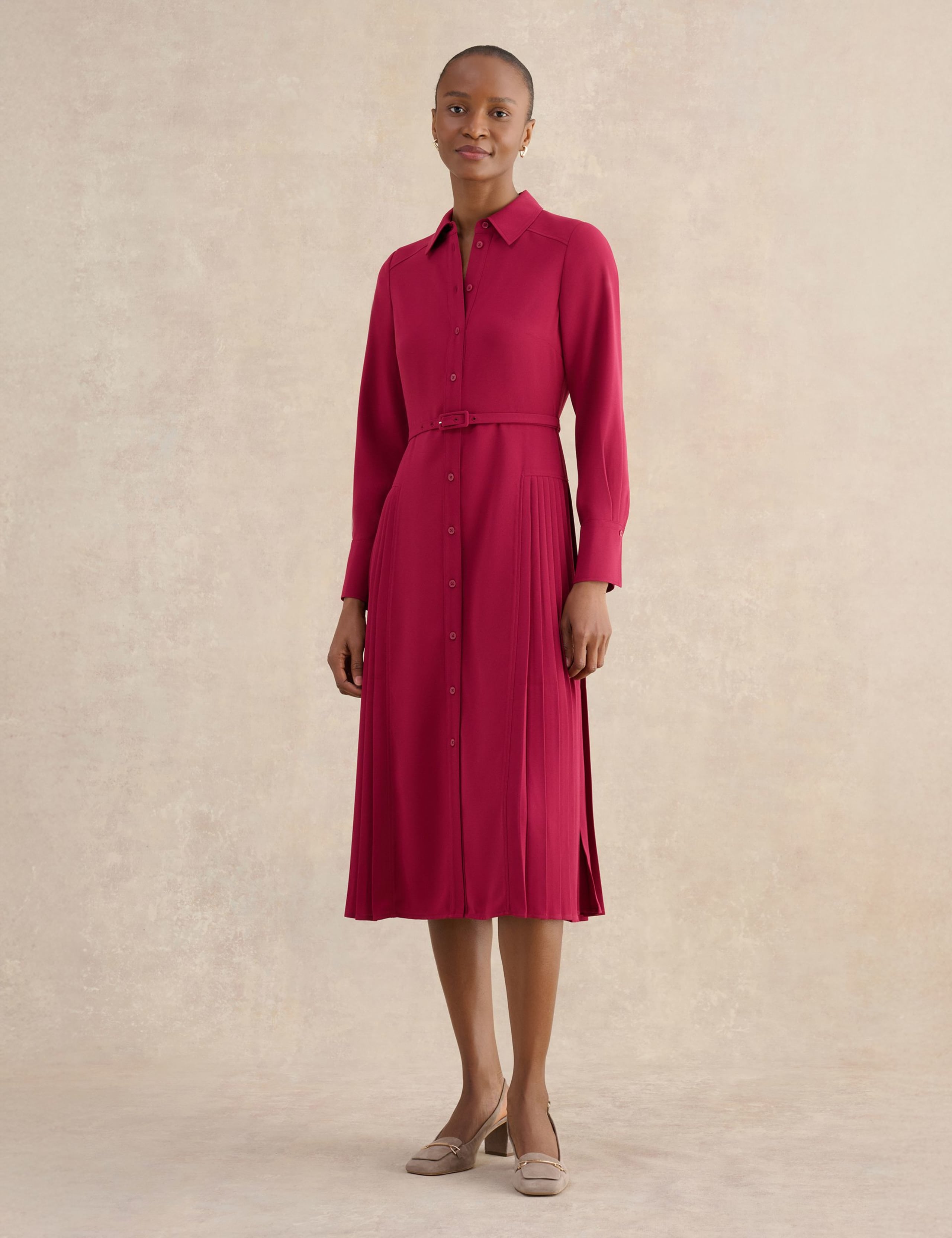 Belted Pleated Midi Shirt Dress