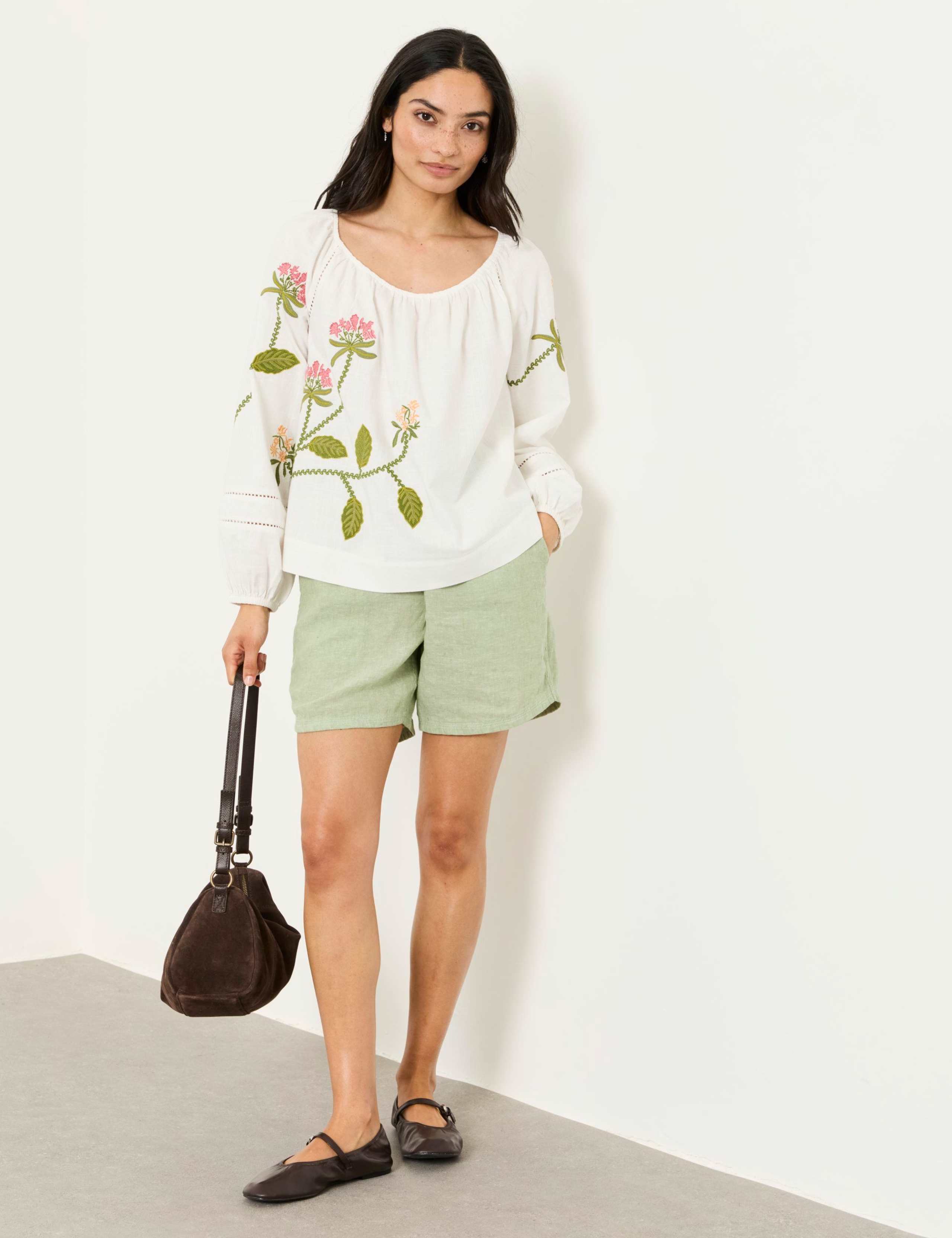 Cotton Blend Embroidered Scoop Neck Blouse