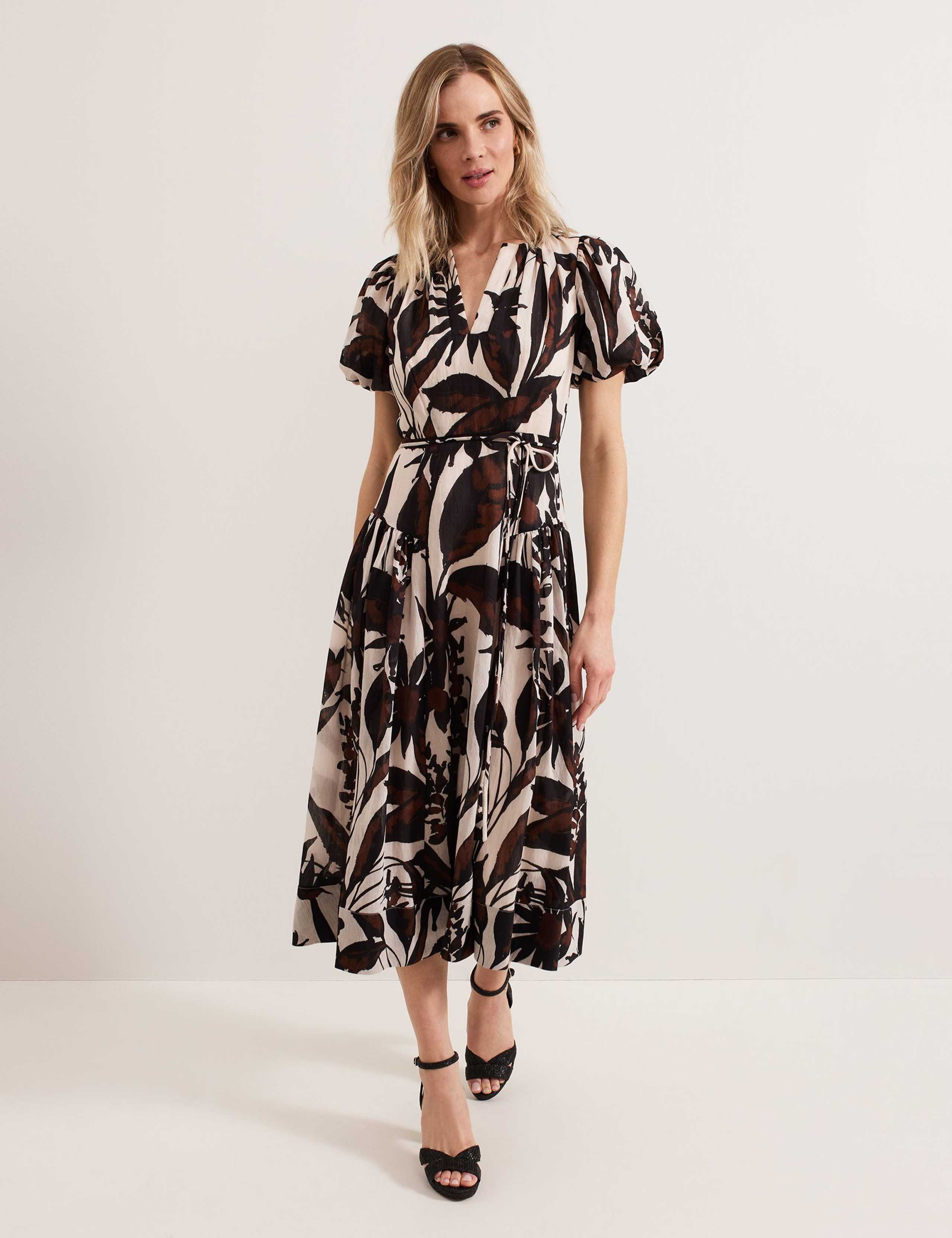 Lyocell Rich Printed V-Neck Midi Waisted Dress