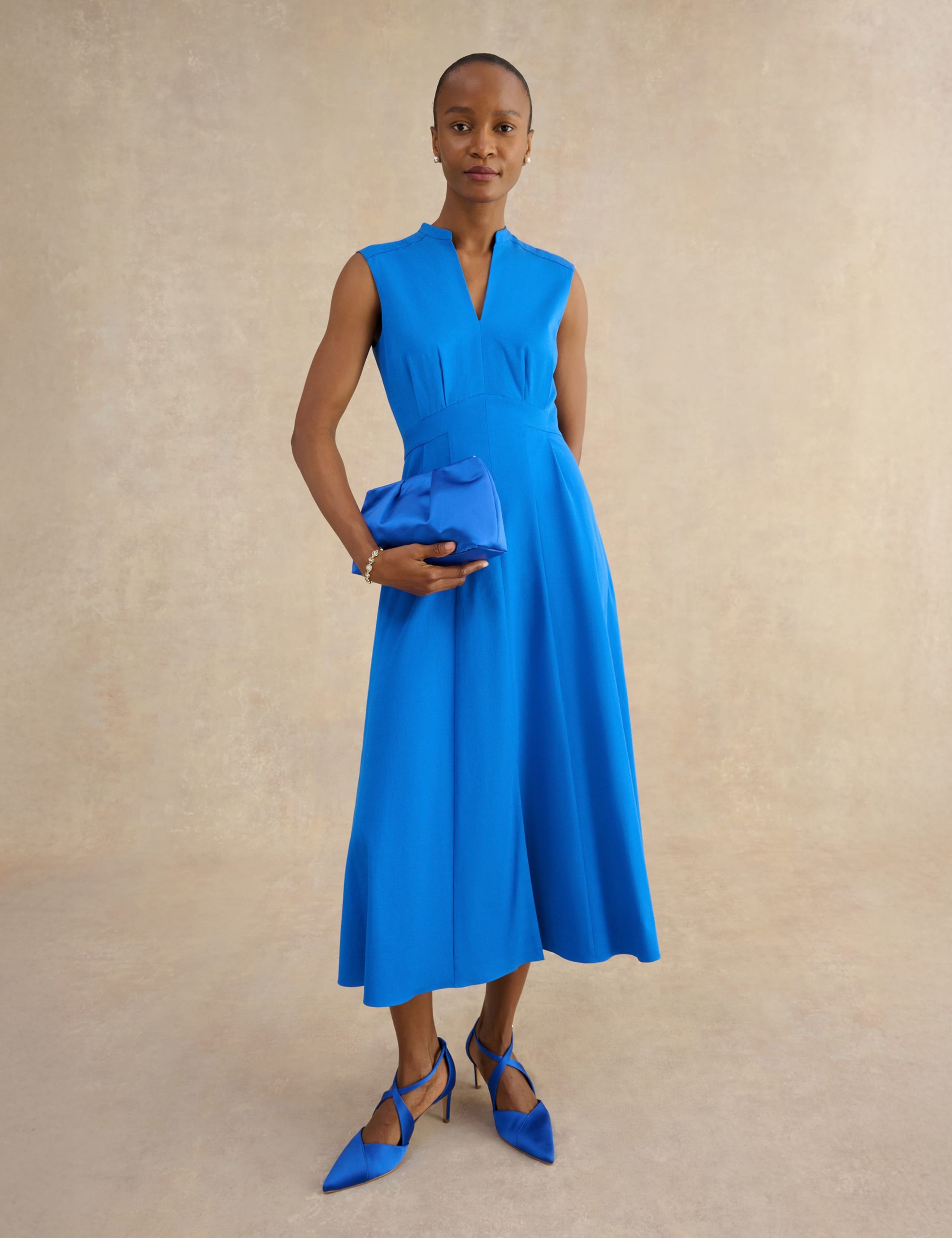 Cotton Blend V-Neck Midi Skater Dress