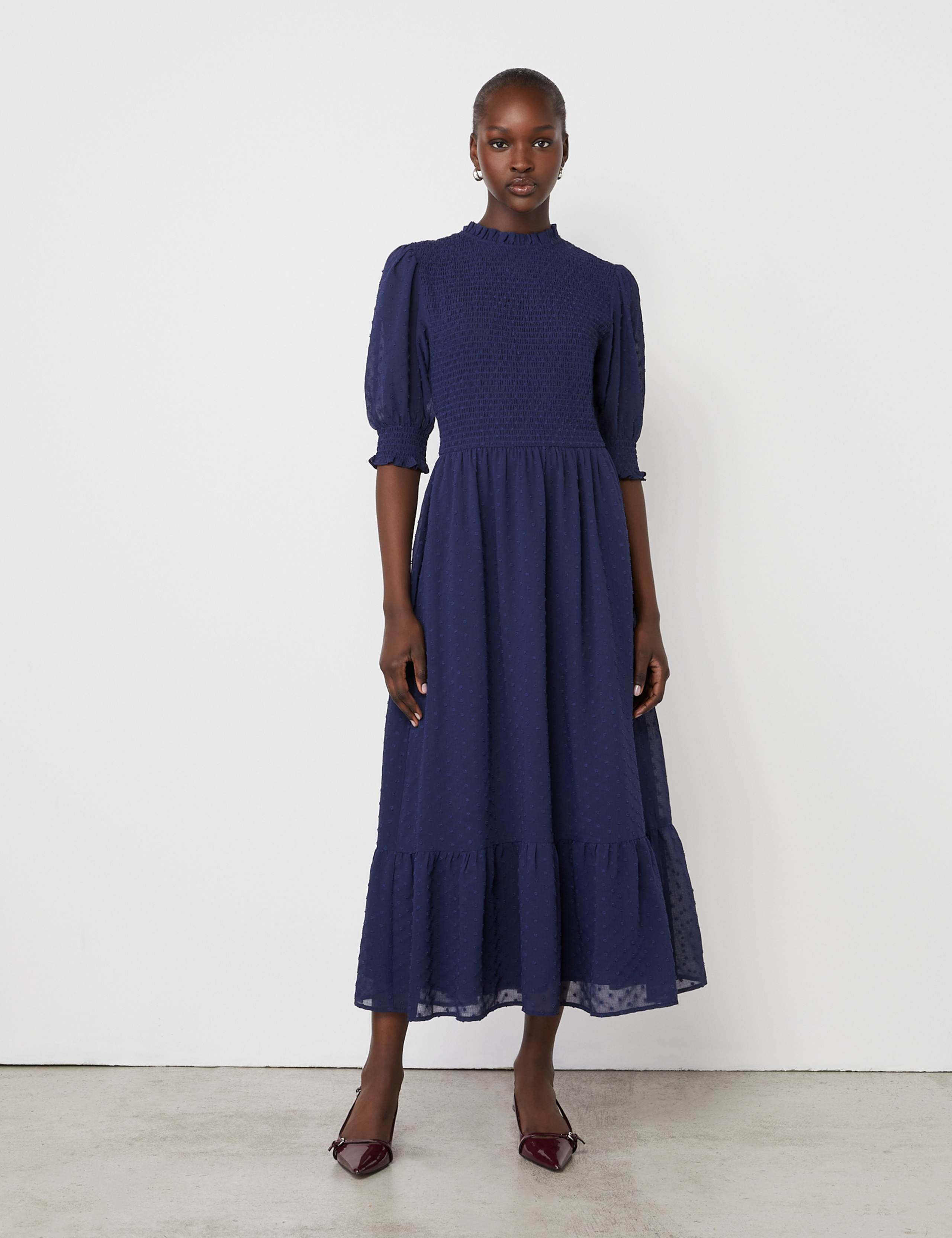 Georgette Textured Shirred Midi Tea Dress
