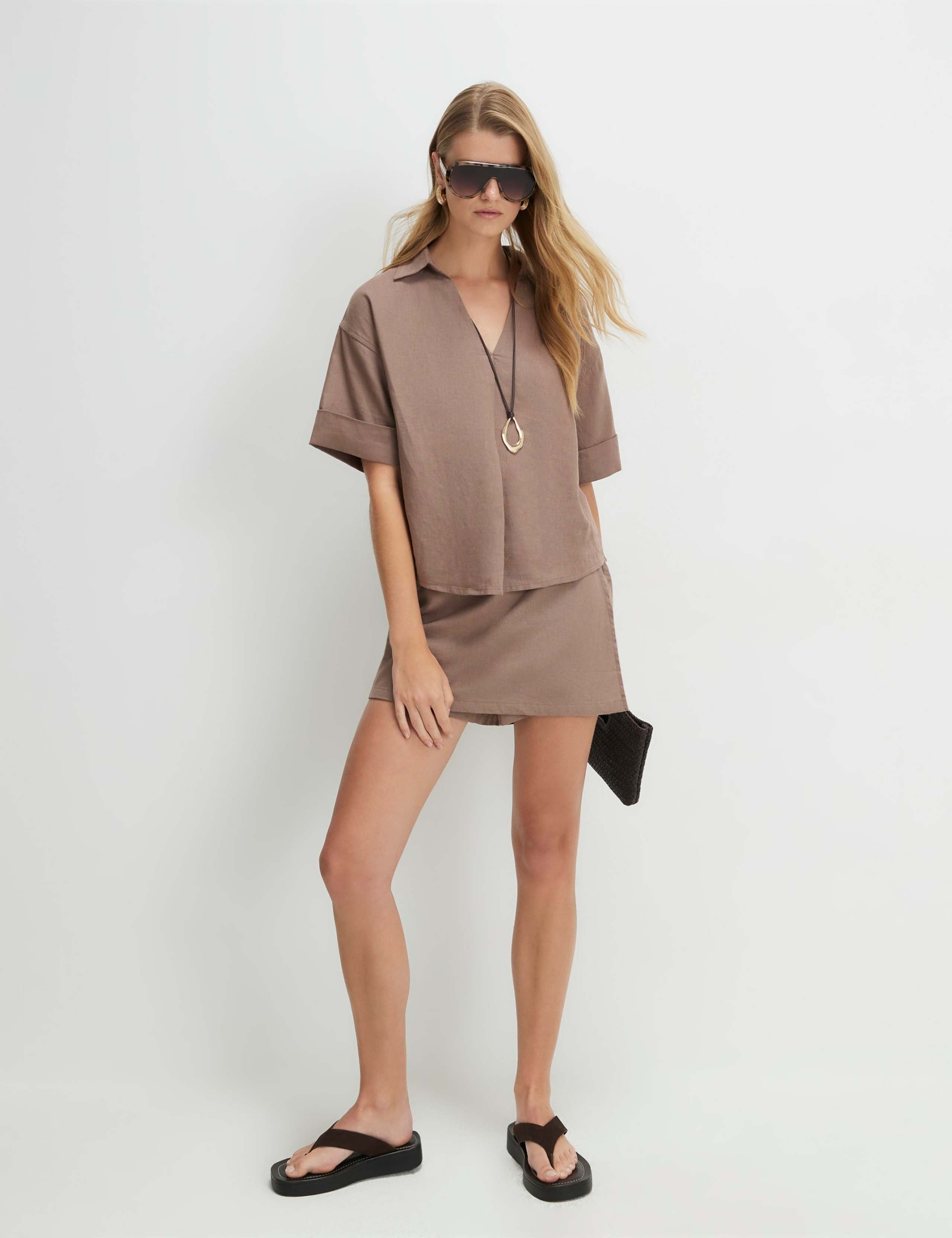 Linen Blend Wrap Front Side Tie Skort