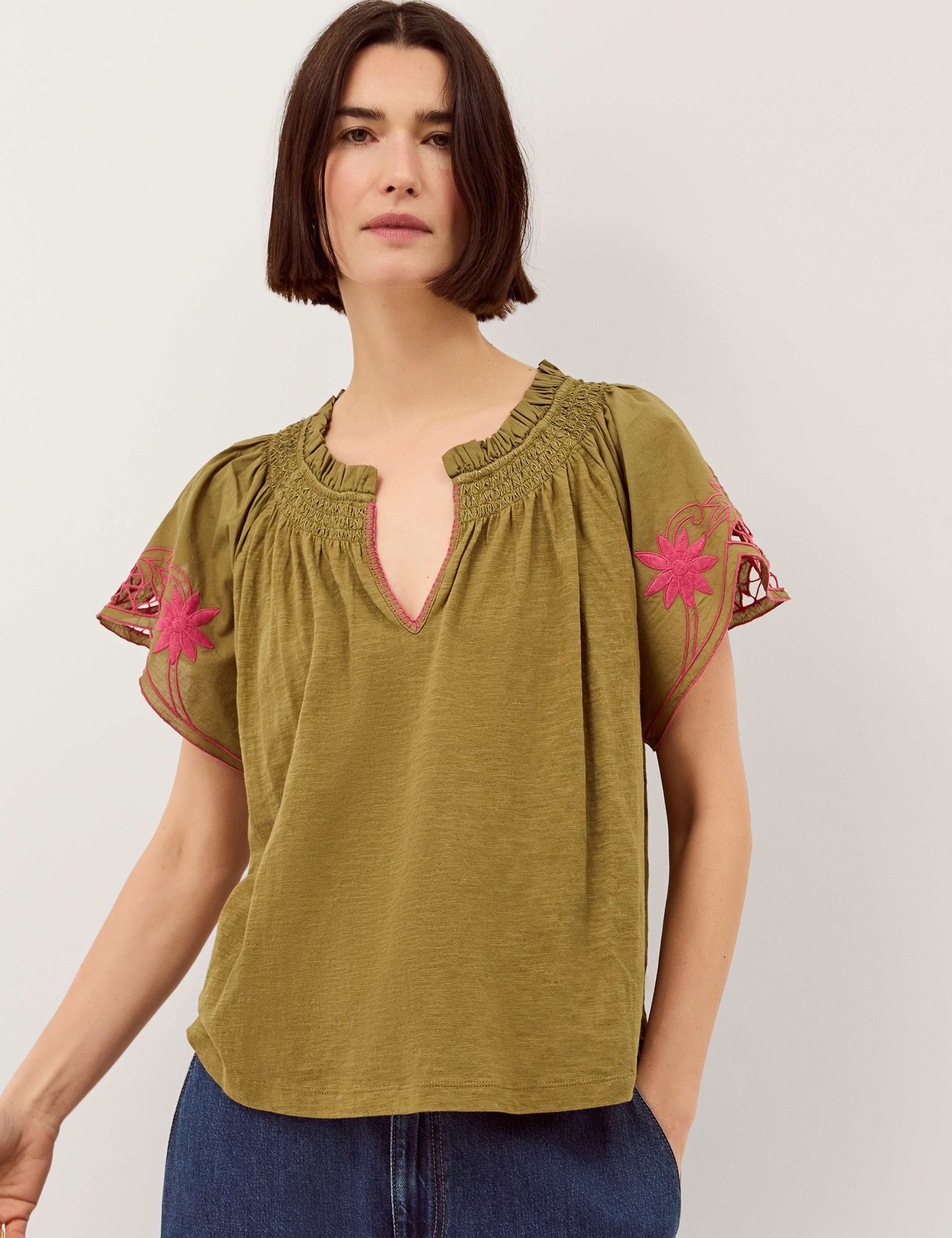 Pure Cotton Embroidered V-Neck Top
