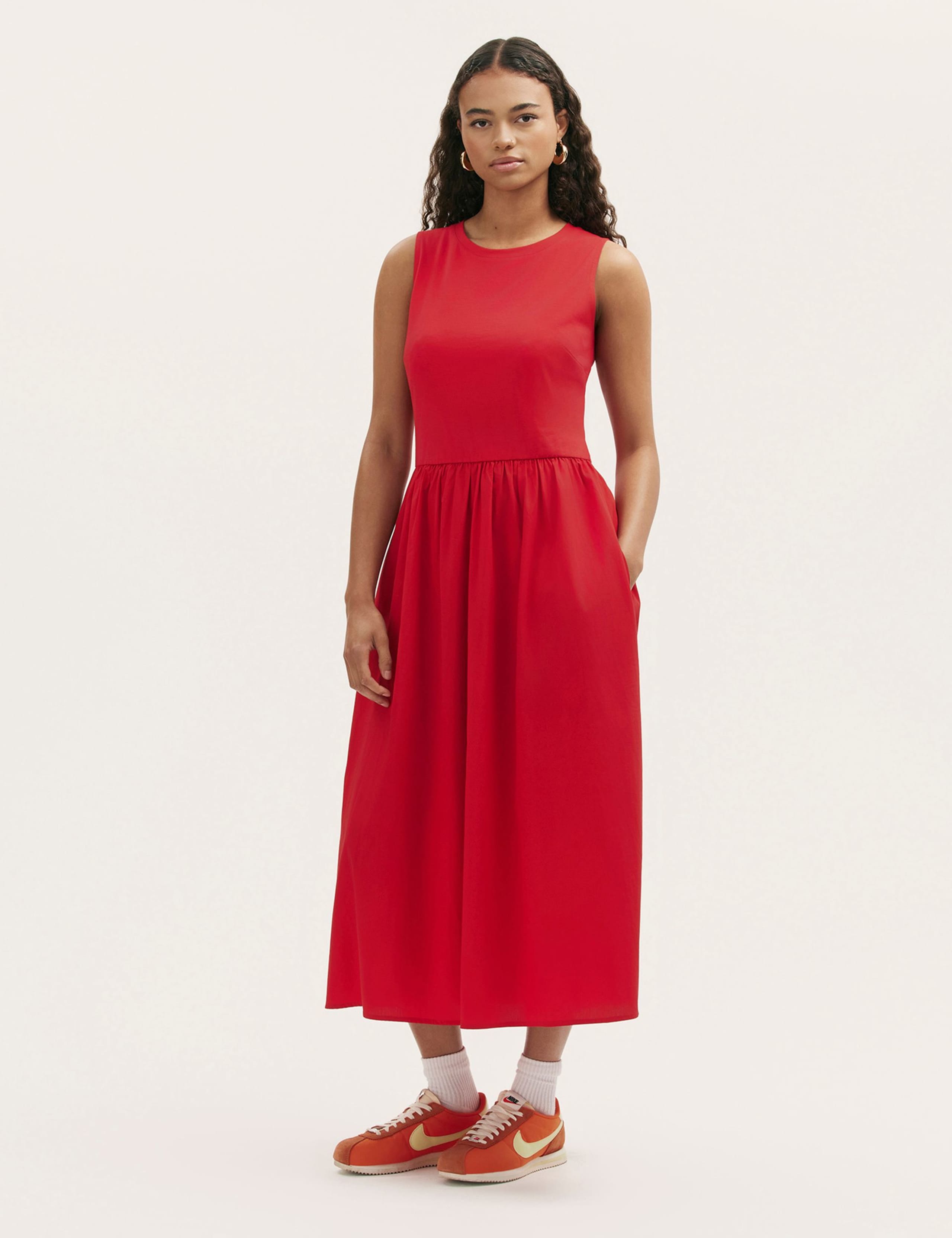Cotton Rich Round Neck Midi Skater Dress