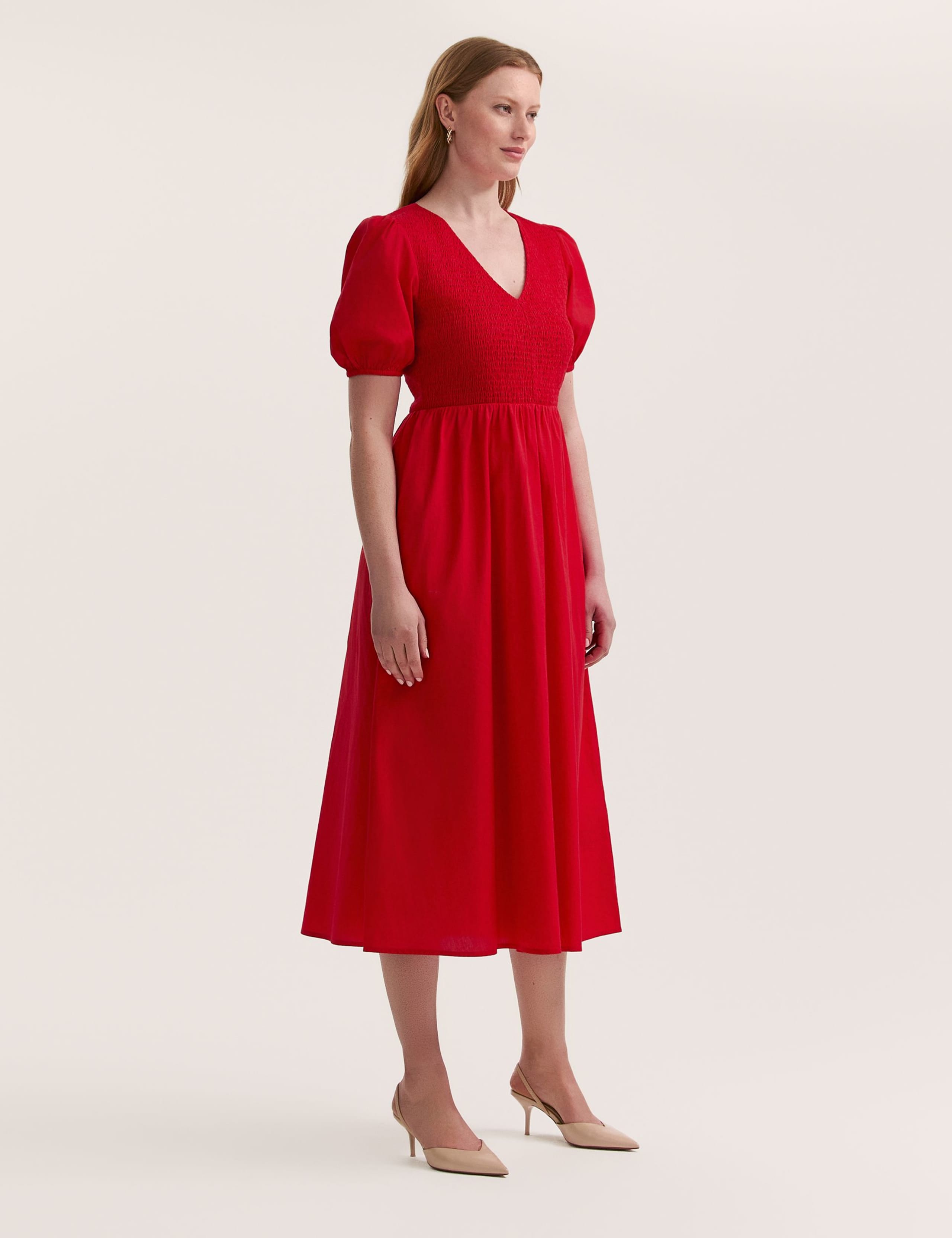 Pure Cotton V-Neck Midi Shirred Dress