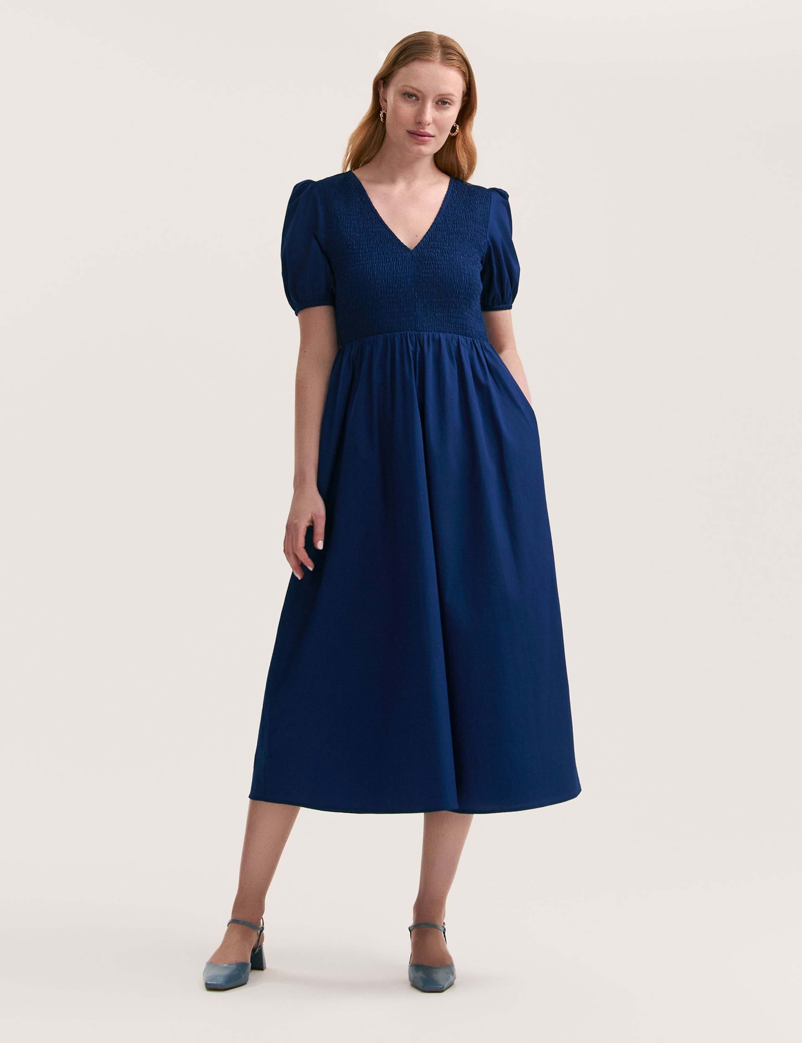 Pure Cotton V-Neck Midi Shirred Dress