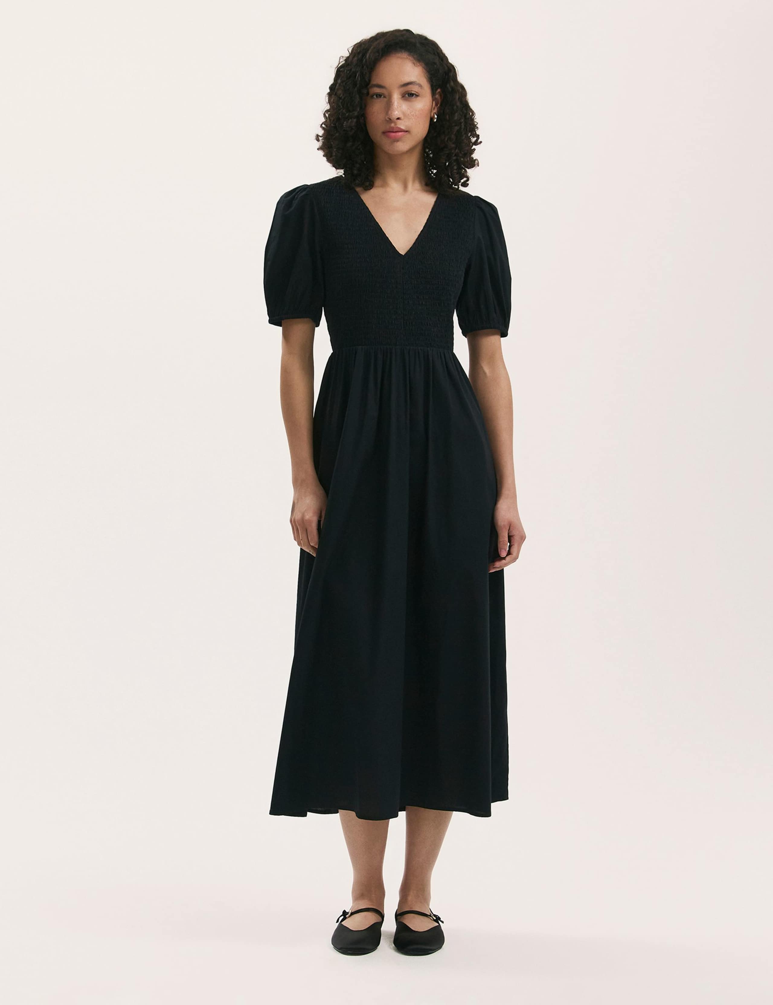 Pure Cotton V-Neck Midi Shirred Dress