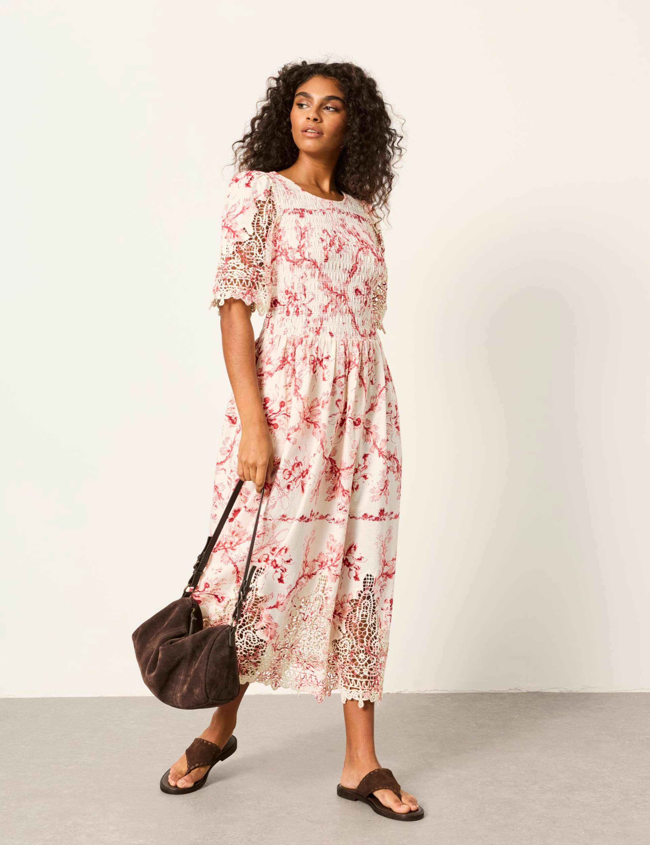 Cotton Rich Floral Lace Trim Midi Dress