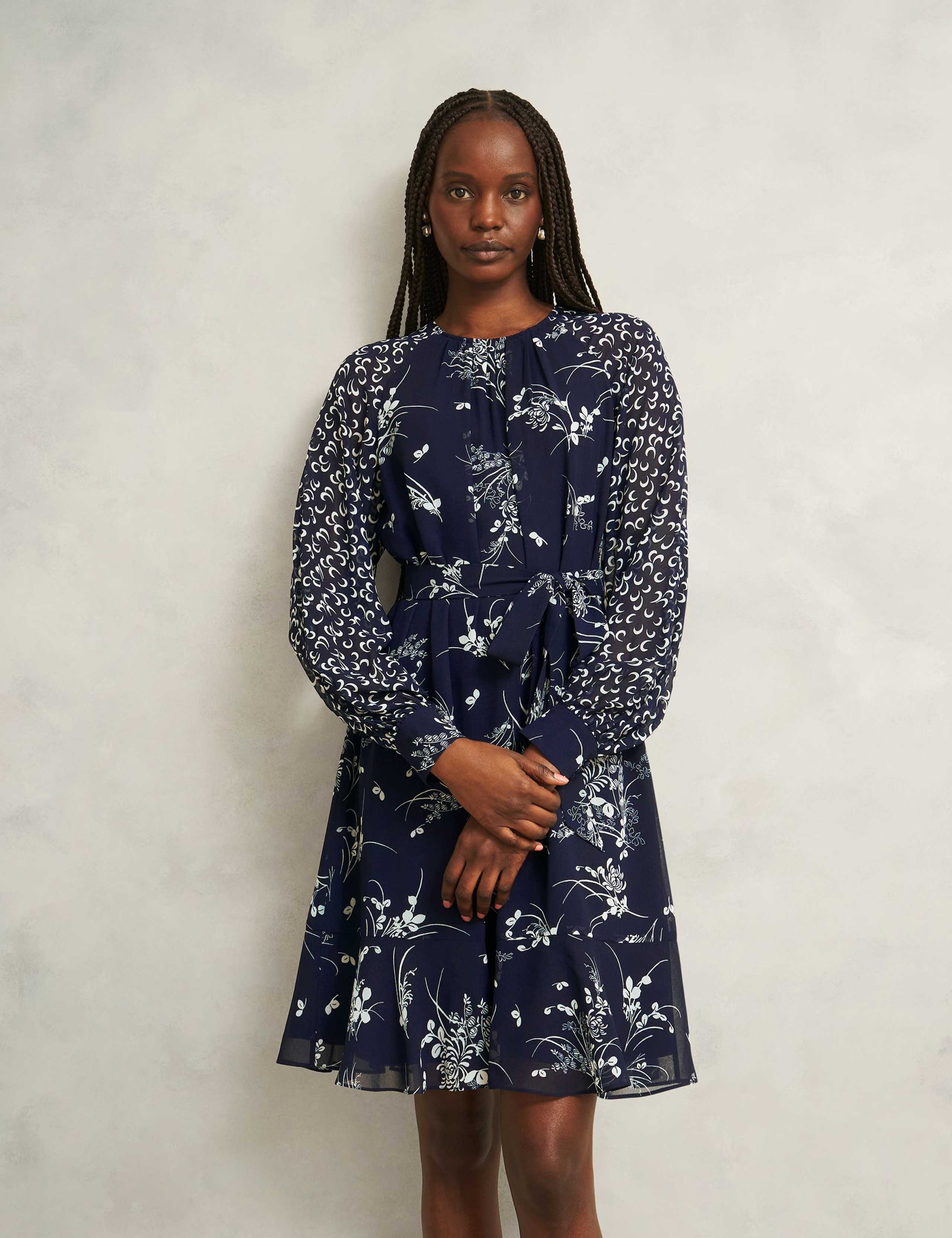 Floral Tie Waist Knee Length Skater Dress