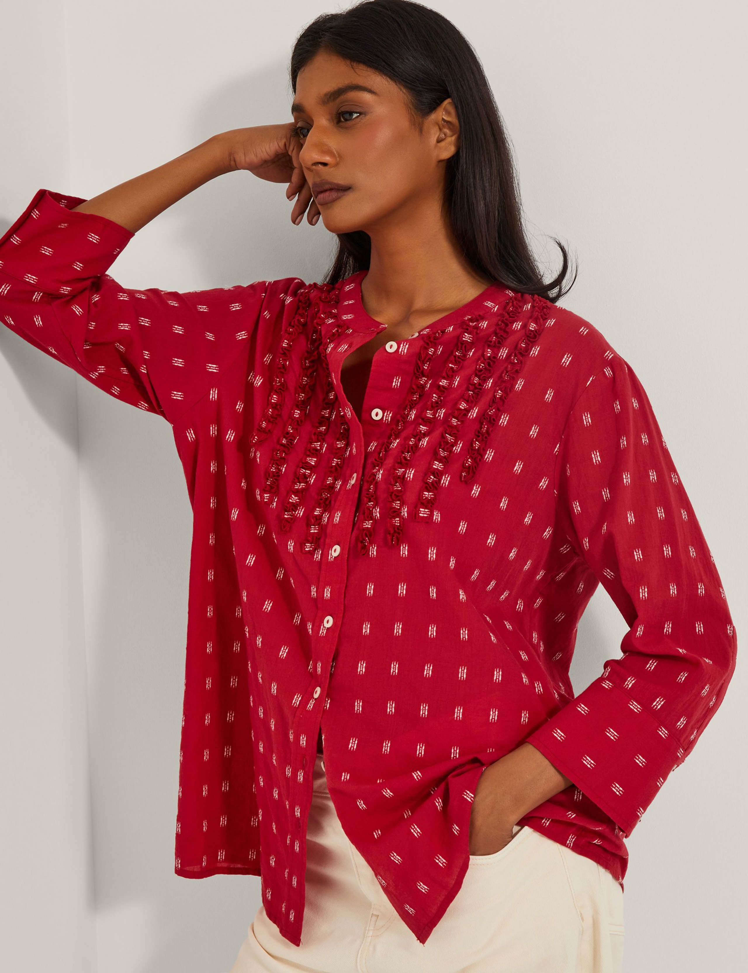 Pure Cotton Crew Neck Embroidered Blouse