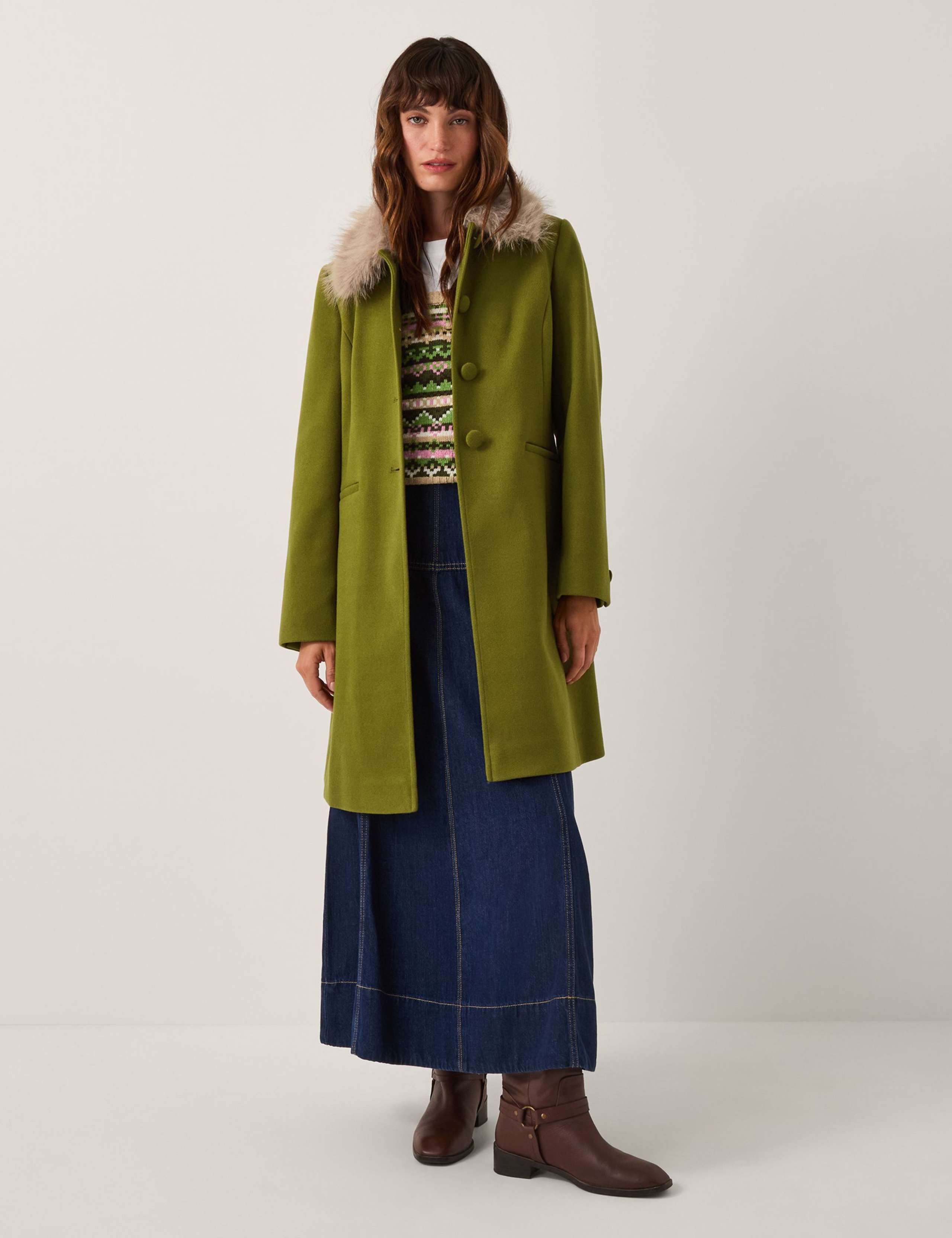Wool Blend Faux Fur Collar Longline Coat