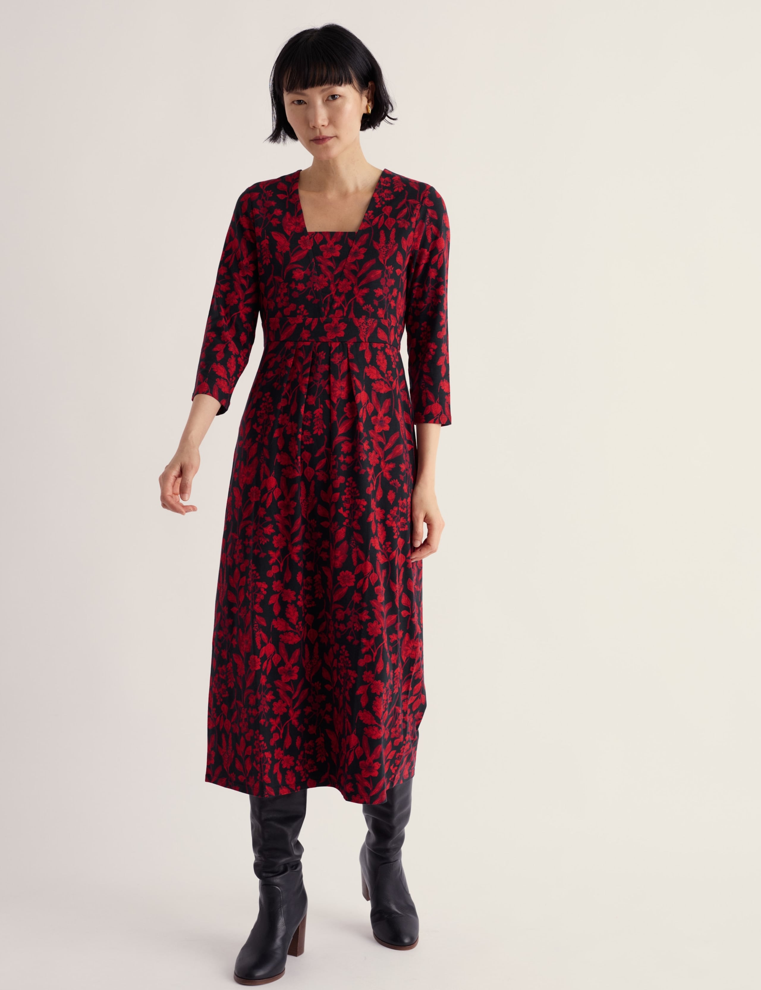 Cotton Rich Floral Square Neck Midi Waisted Dress