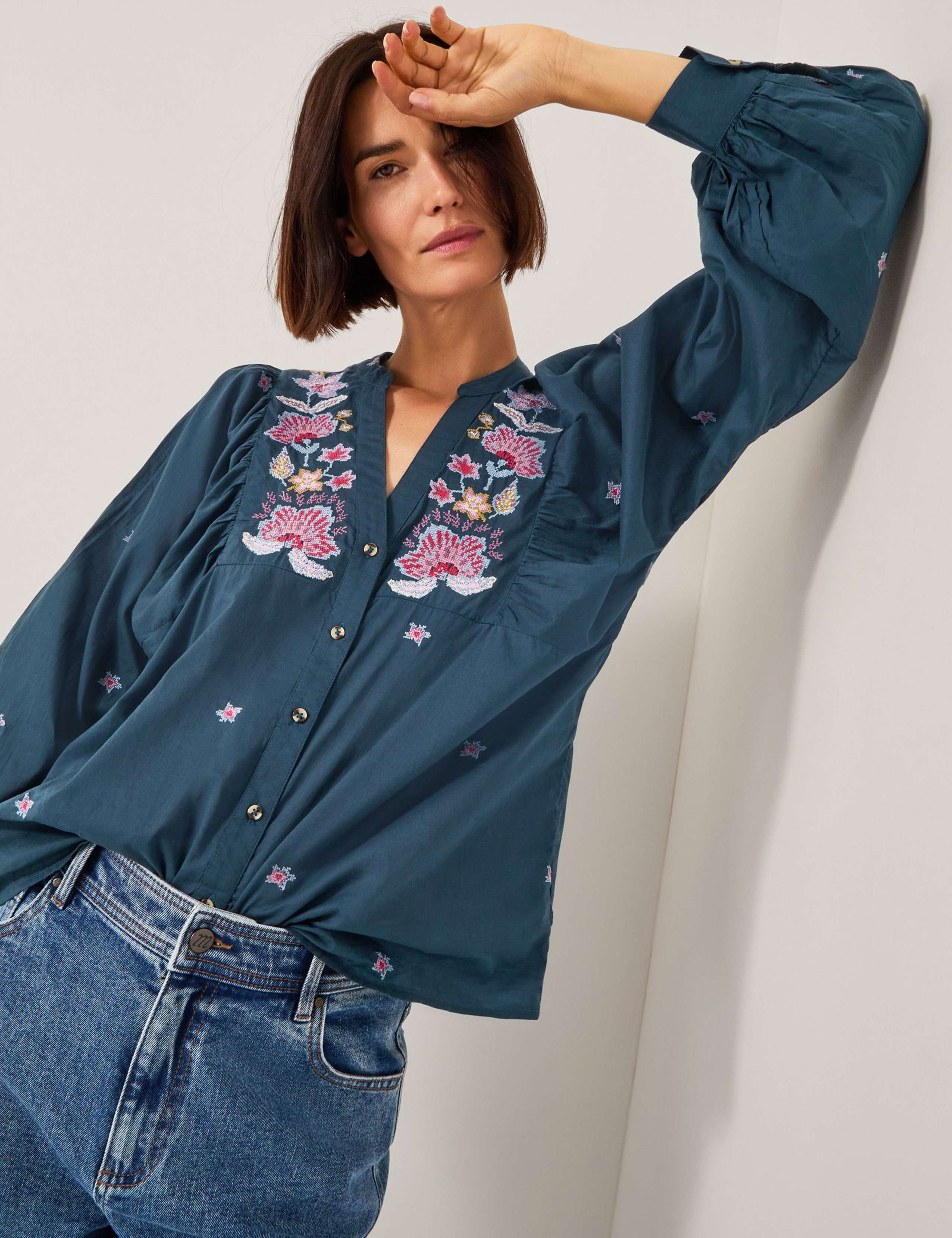 Pure Cotton V-Neck Embroidered Blouse