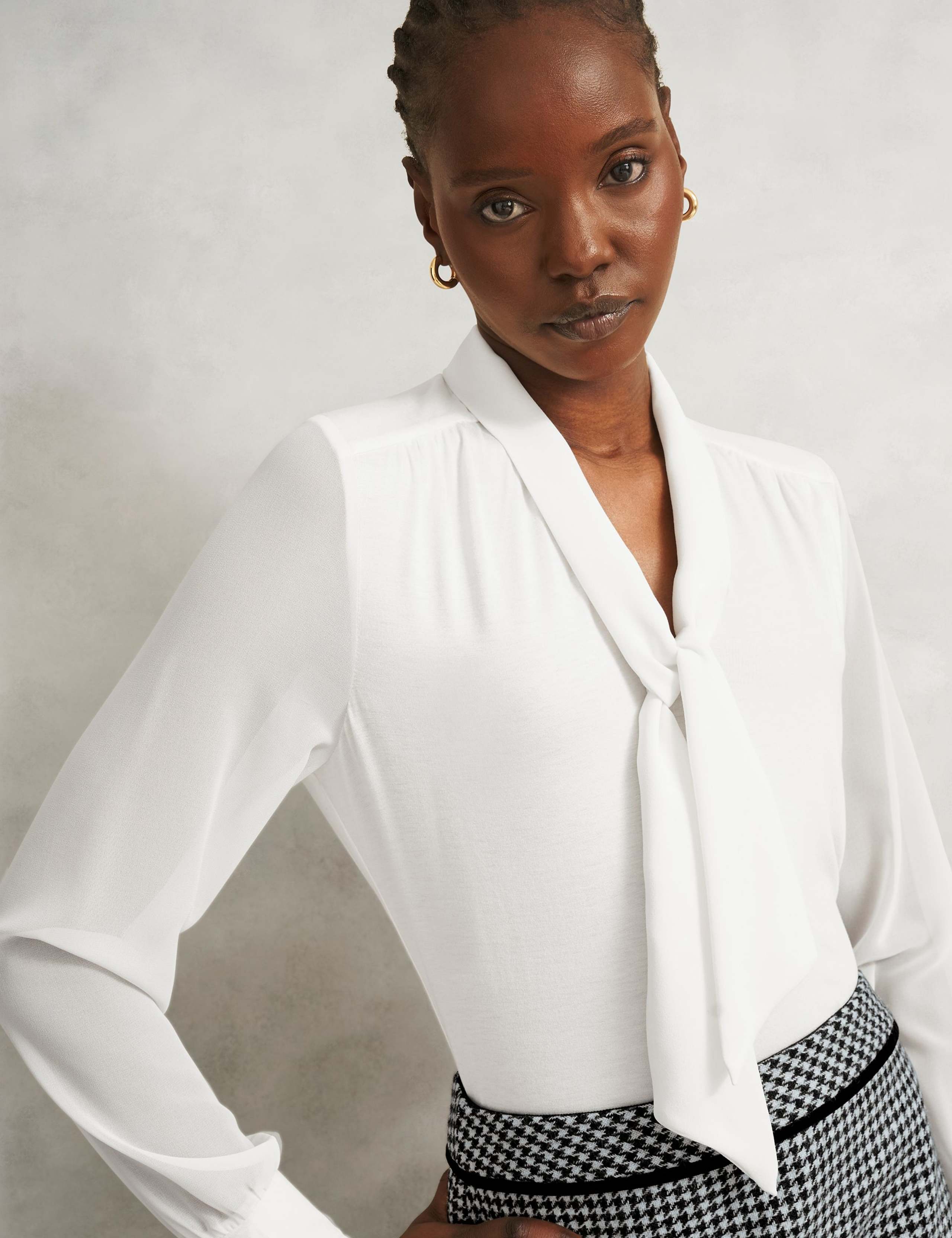 Tie Neck Relaxed Blouson Sleeve Blouse