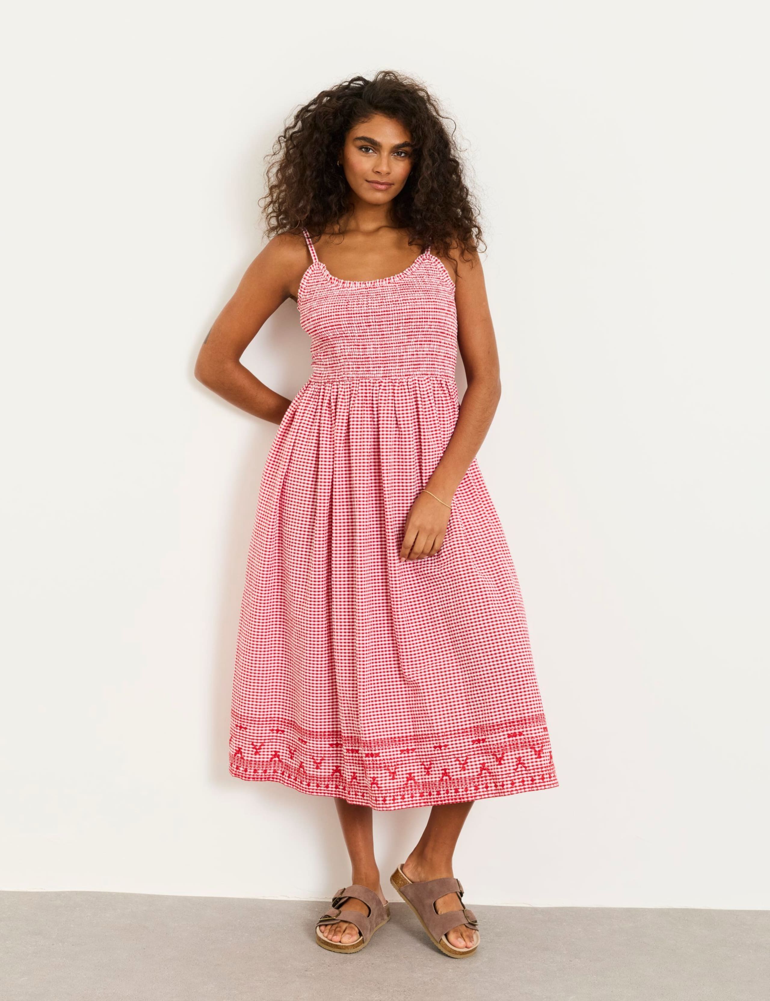 Pure Cotton Gingham Strappy Midi Waisted Dress