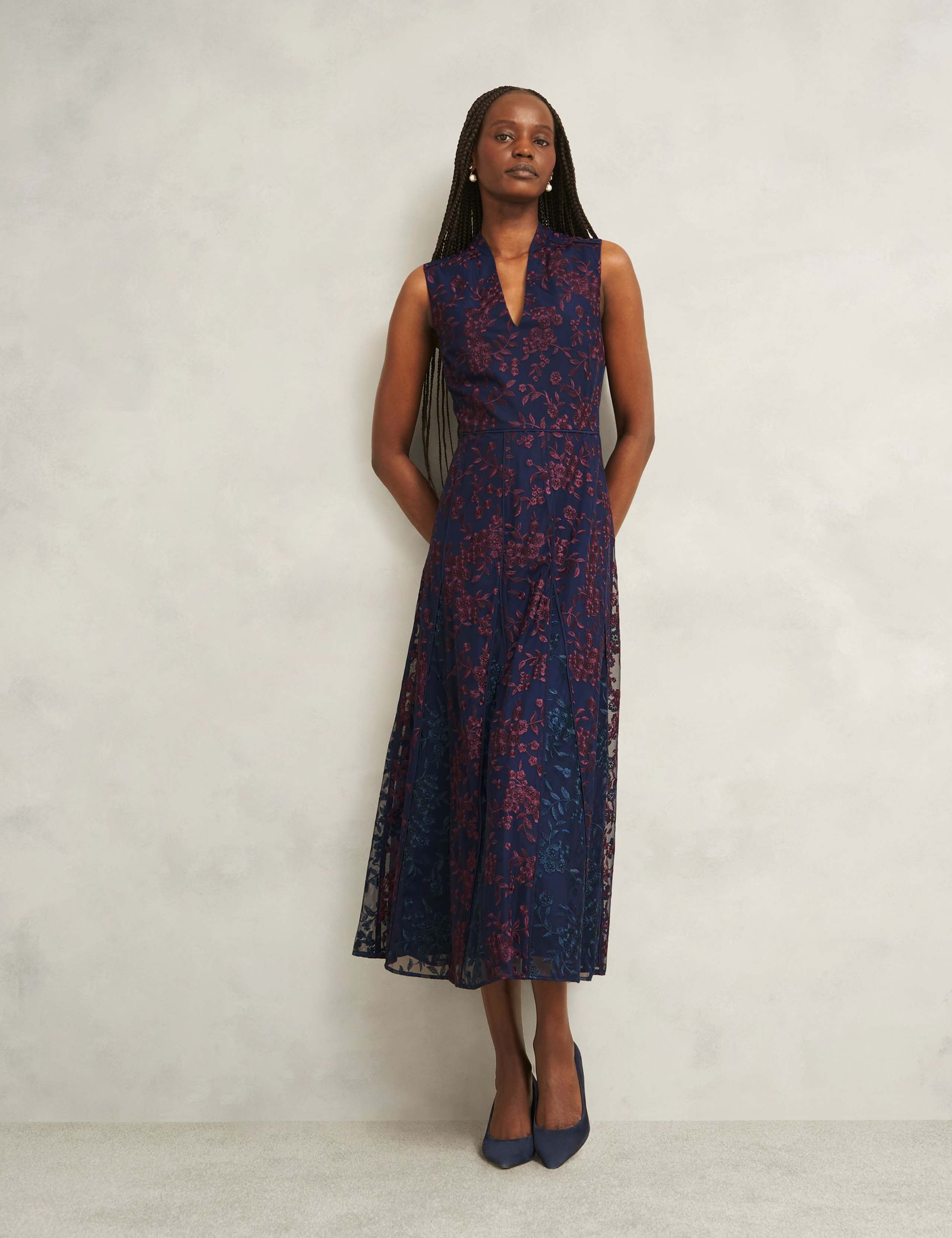 Floral Embroidered V Neck Midi Skater Dress