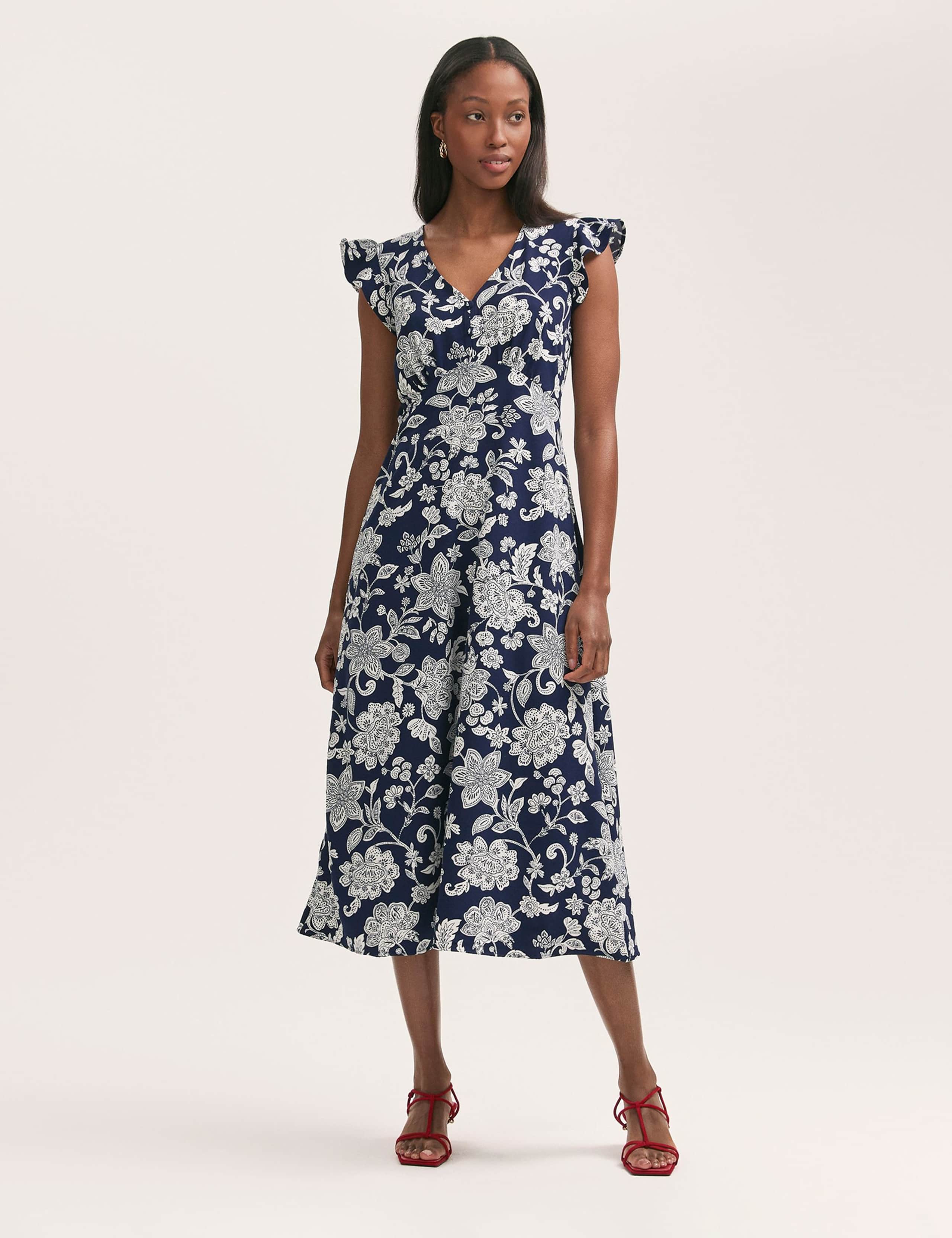 Printed V-Neck Ruffle Midi Tea Dress