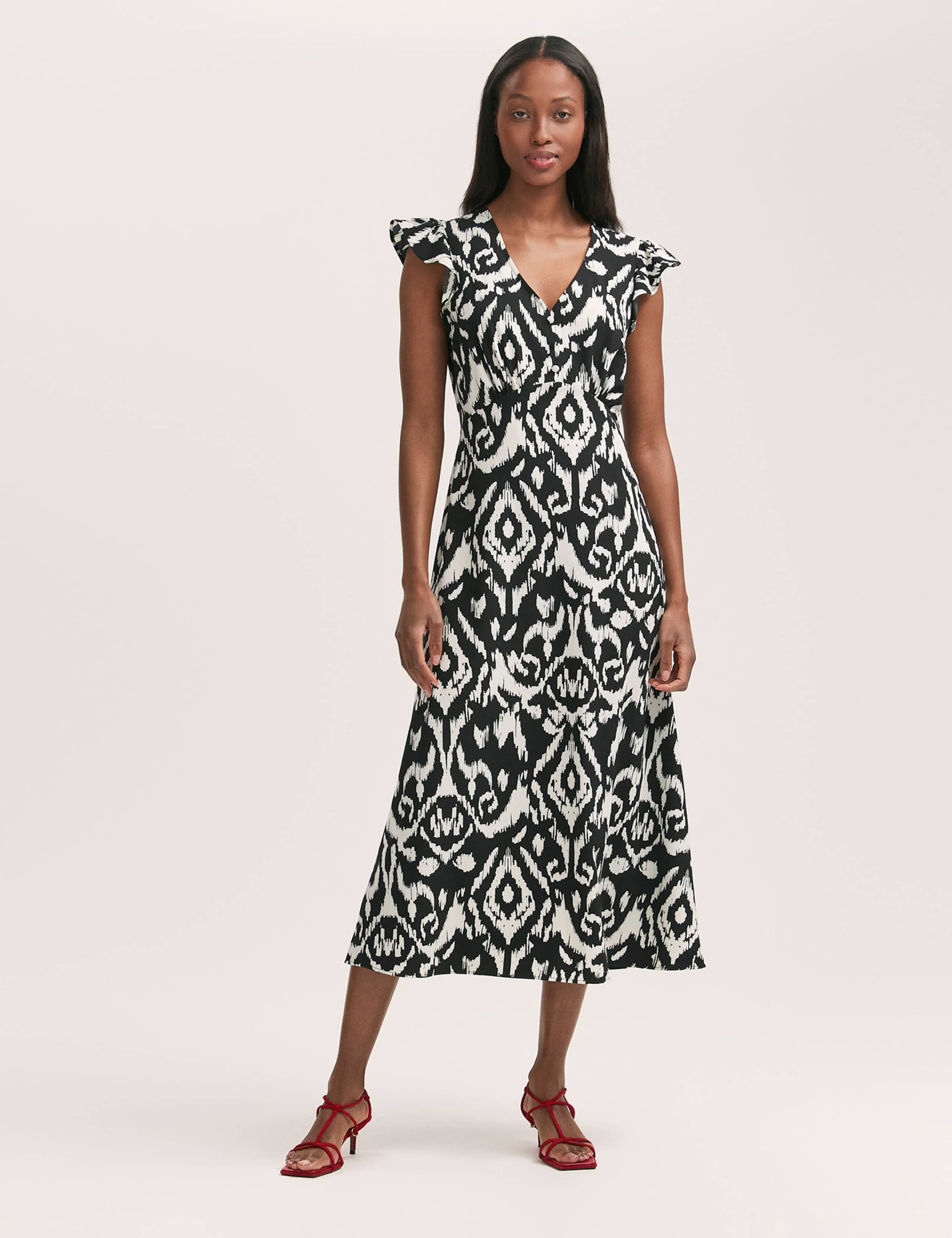 Printed V-Neck Ruffle Midi Tea Dress