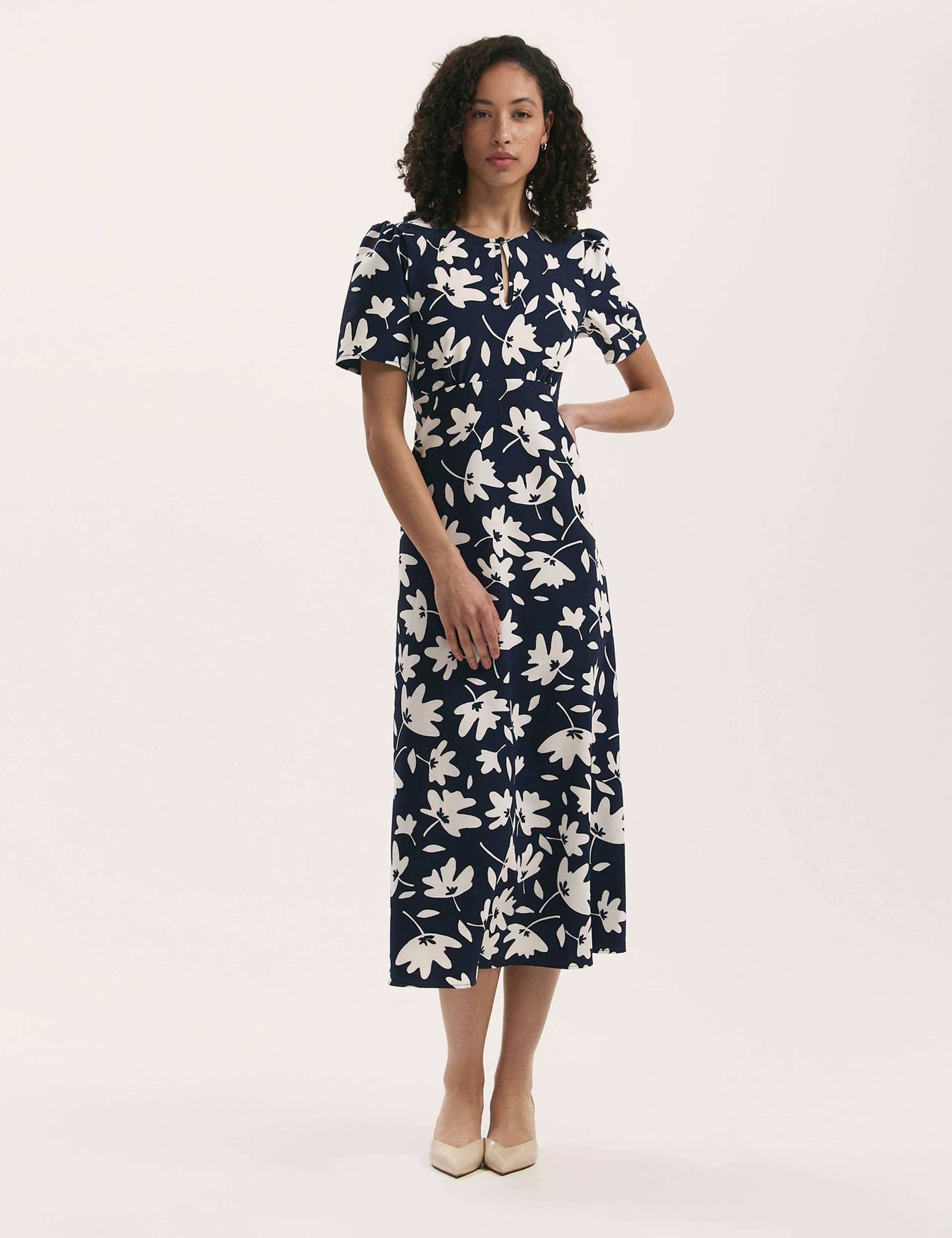 Printed Round Neck Midi Tea Dress