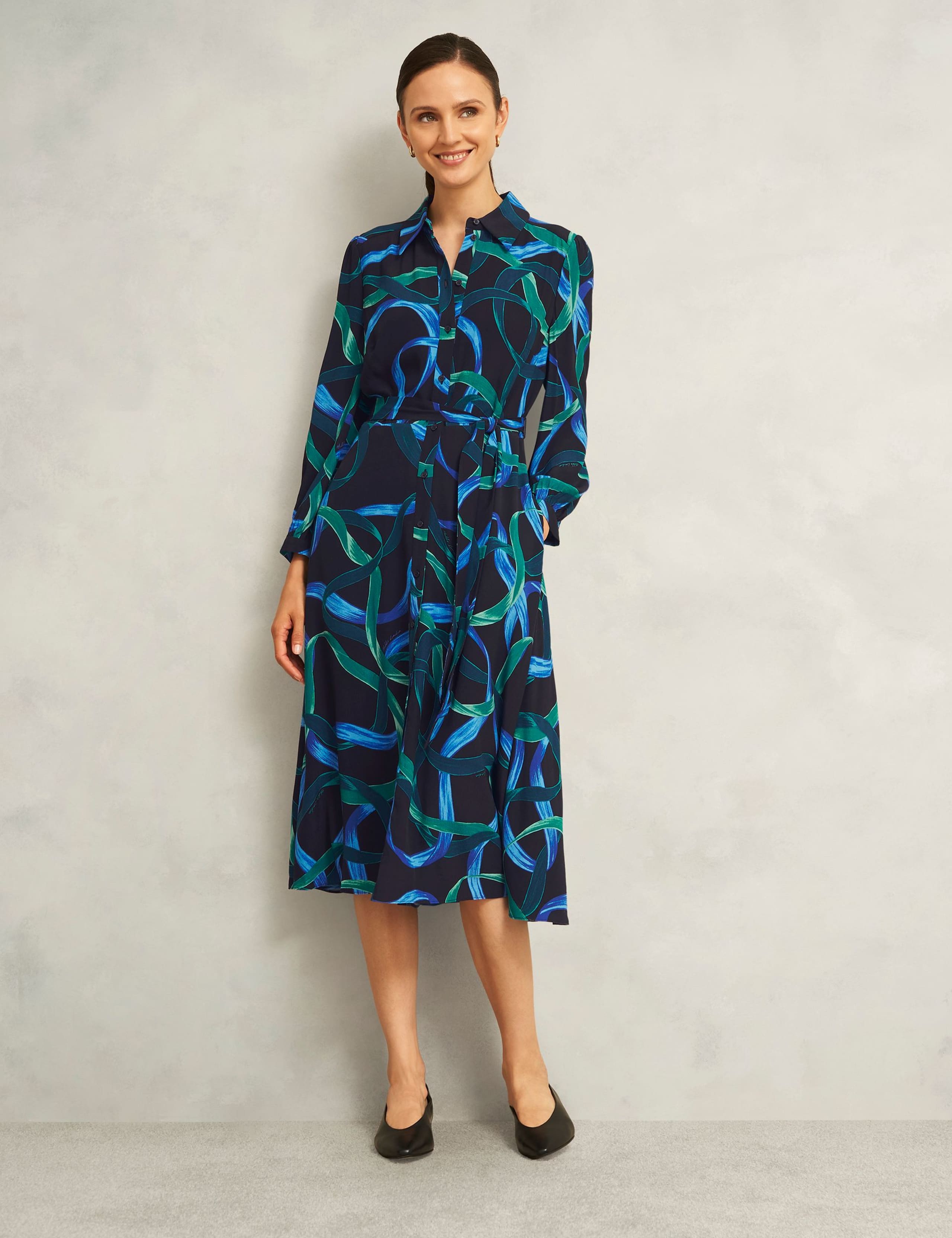 Printed Button Through Tie Waist Shirt Dress
