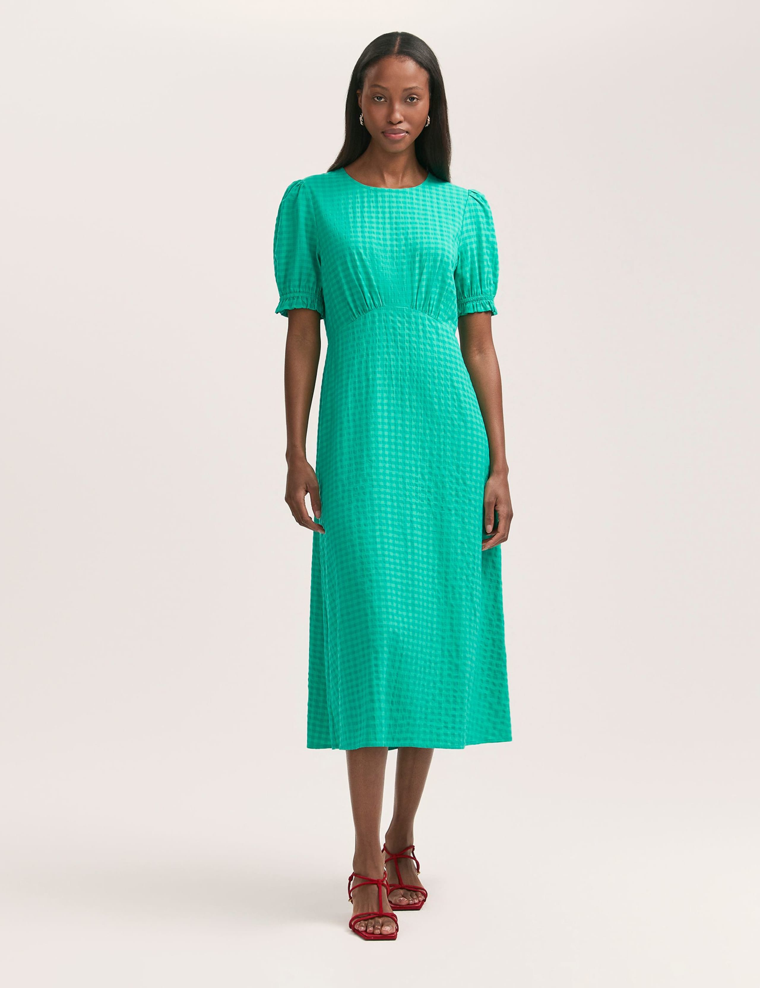 Cotton Blend Gingham Midi Tea Dress