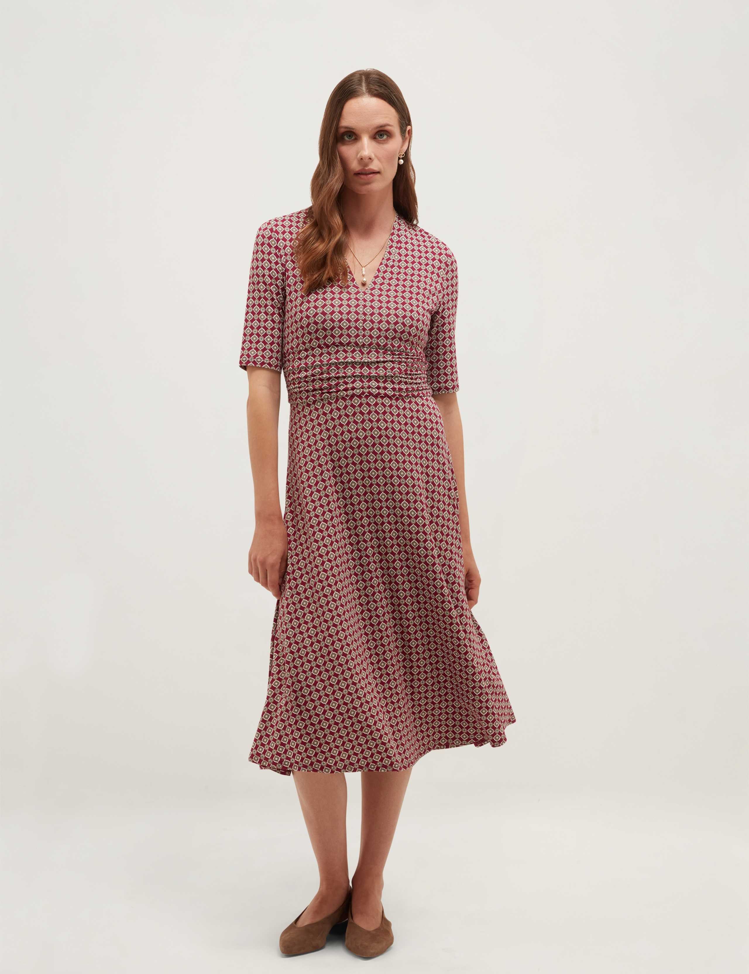 Jersey Printed V-Neck Midi Skater Dress