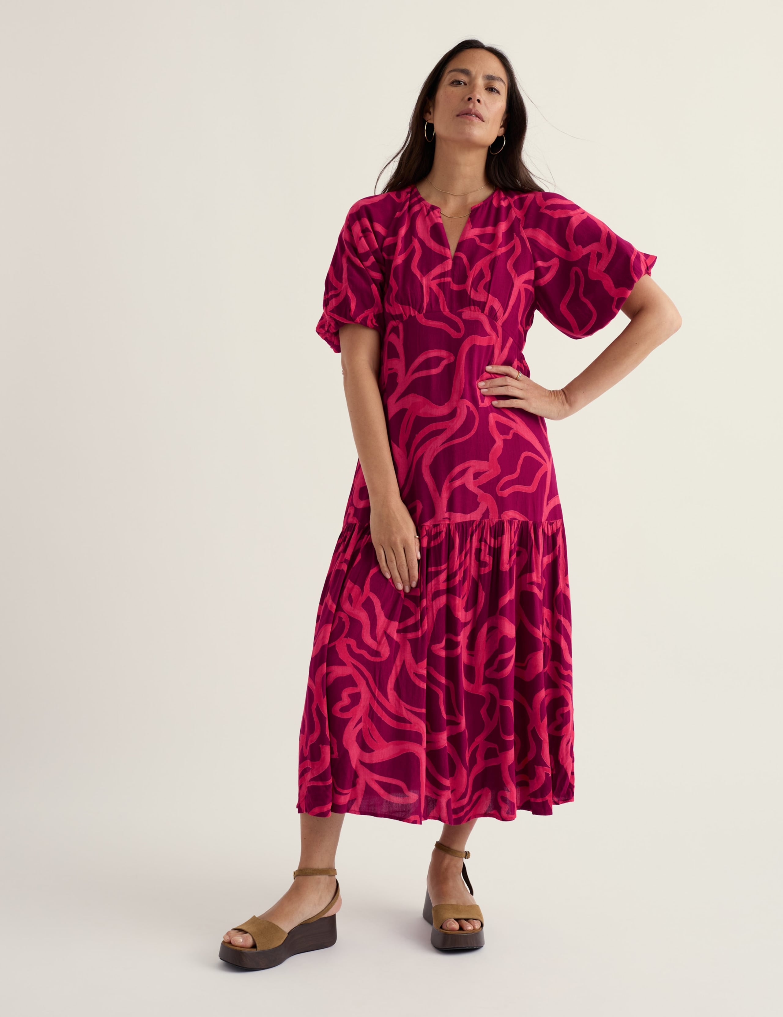 Printed Empire Line Midi Tiered Dress