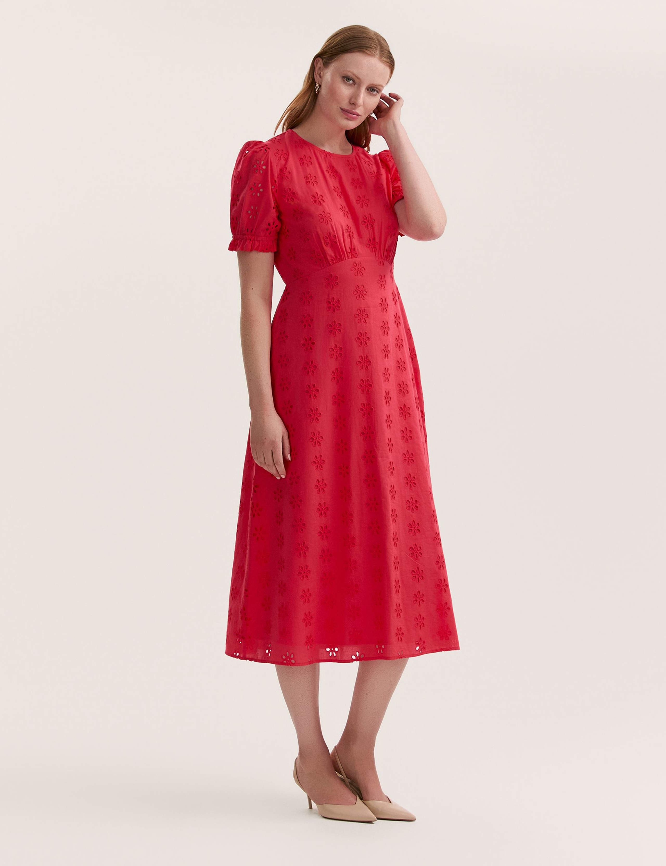 Pure Cotton Embroidered Midi Tea Dress
