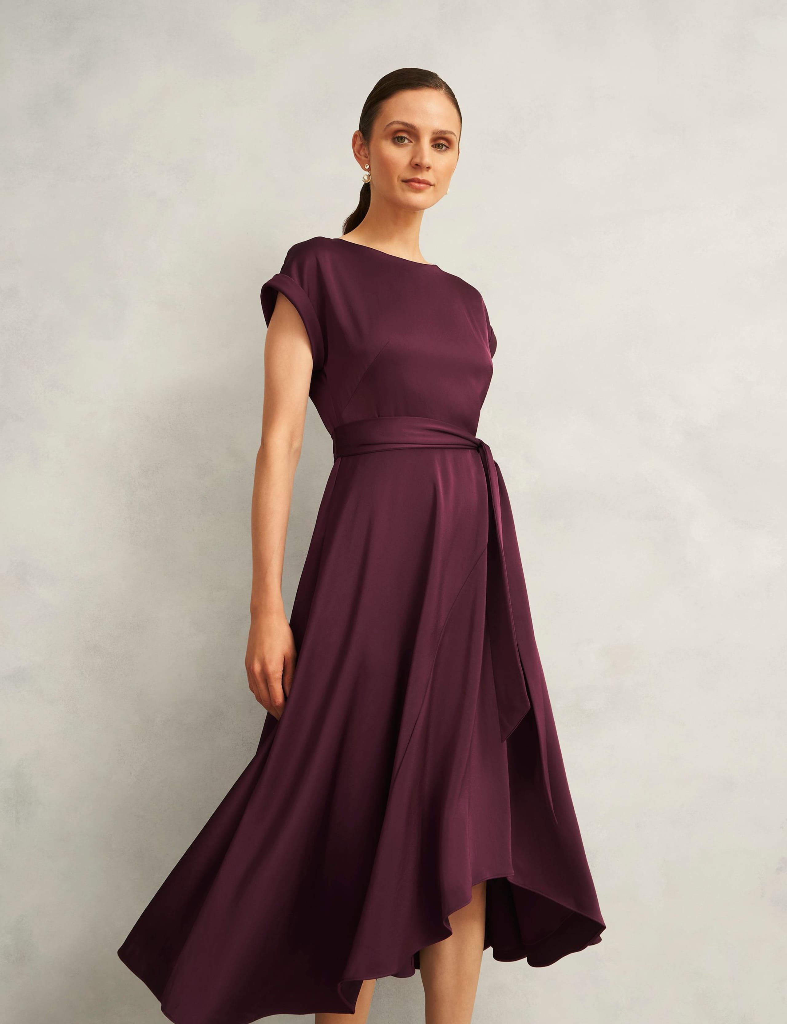 Satin Tie Waist Knee Length Skater Dress