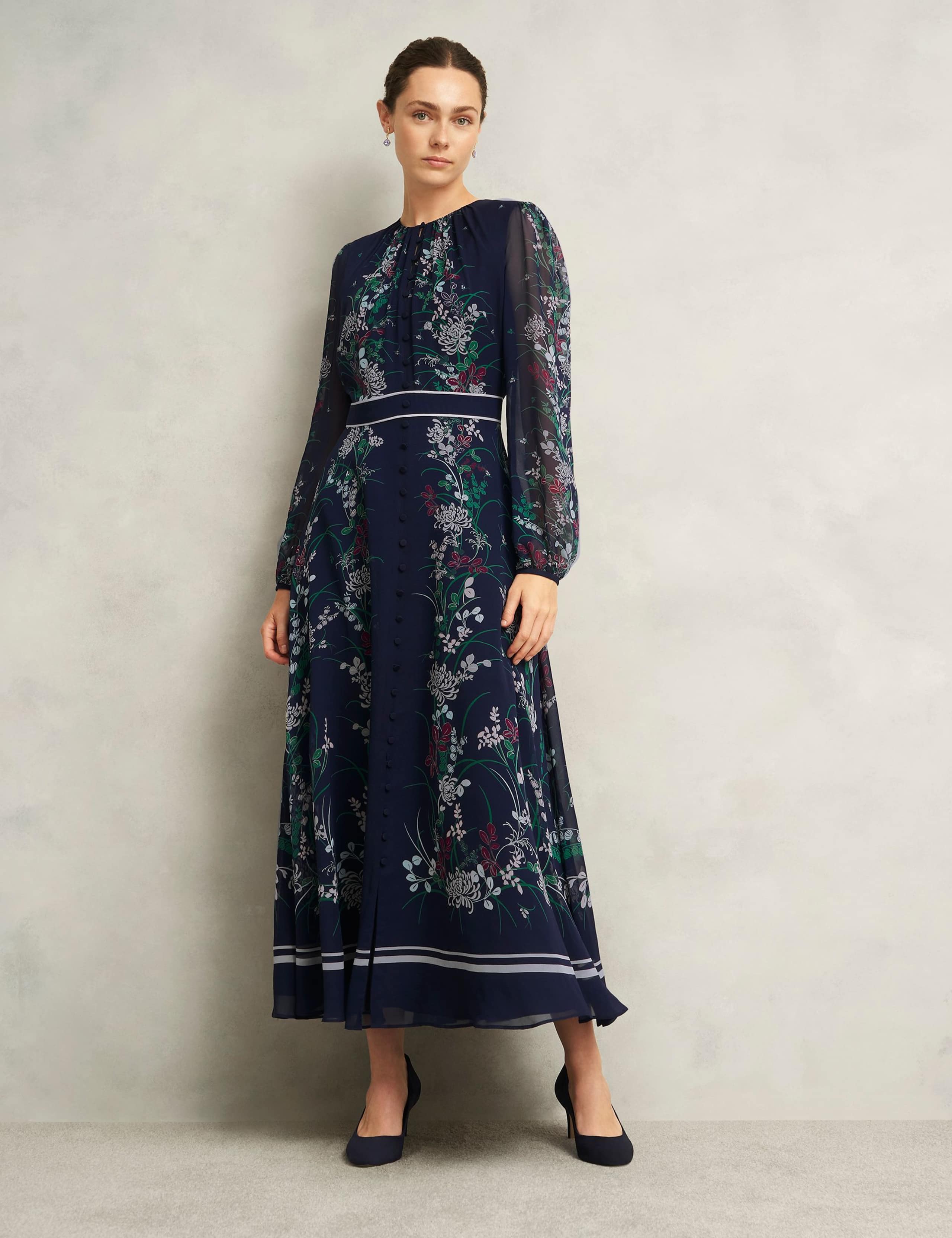 Silk Floral Round Neck Midaxi Waisted Dress
