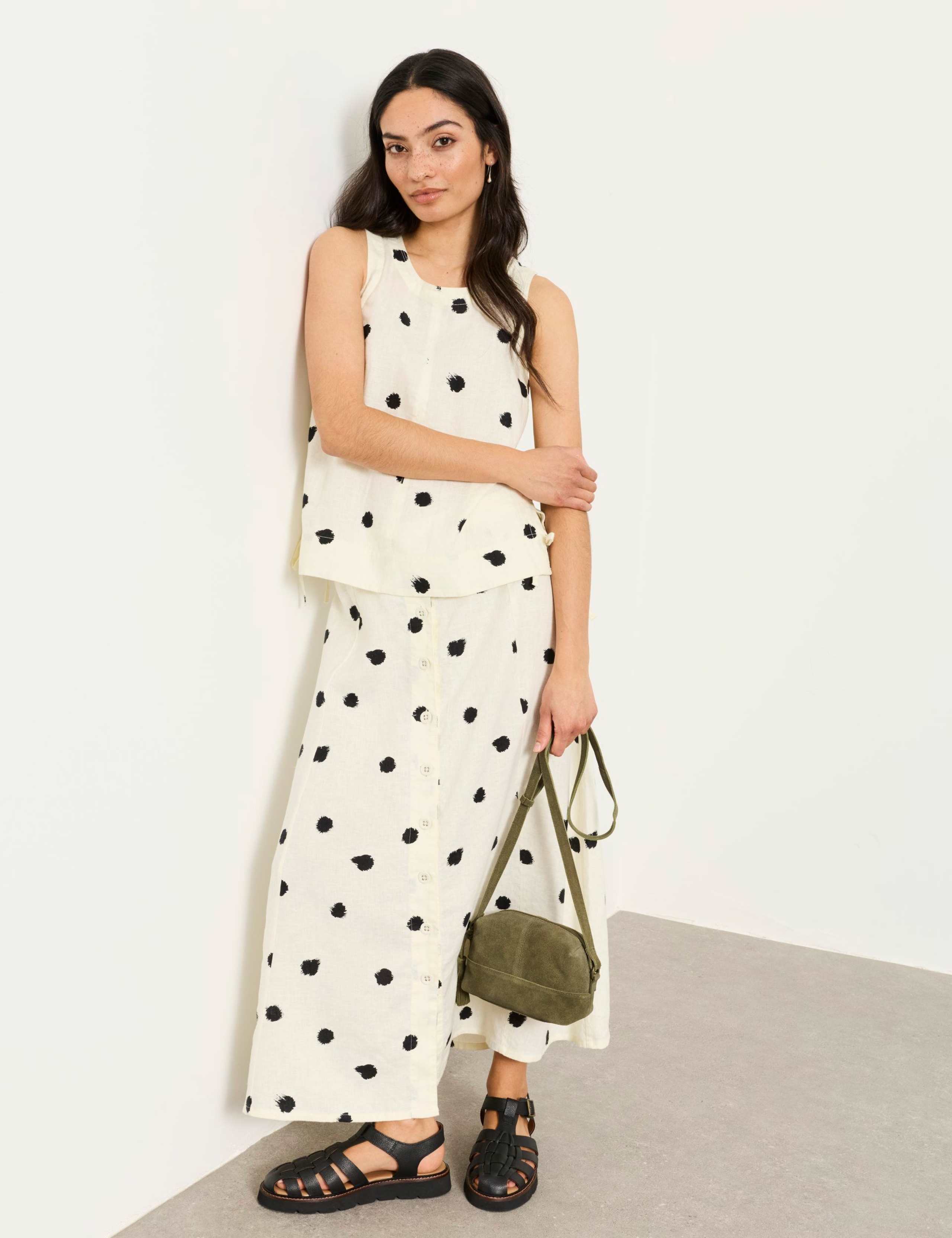 Pure Linen Spot Print Midi A-Line Skirt