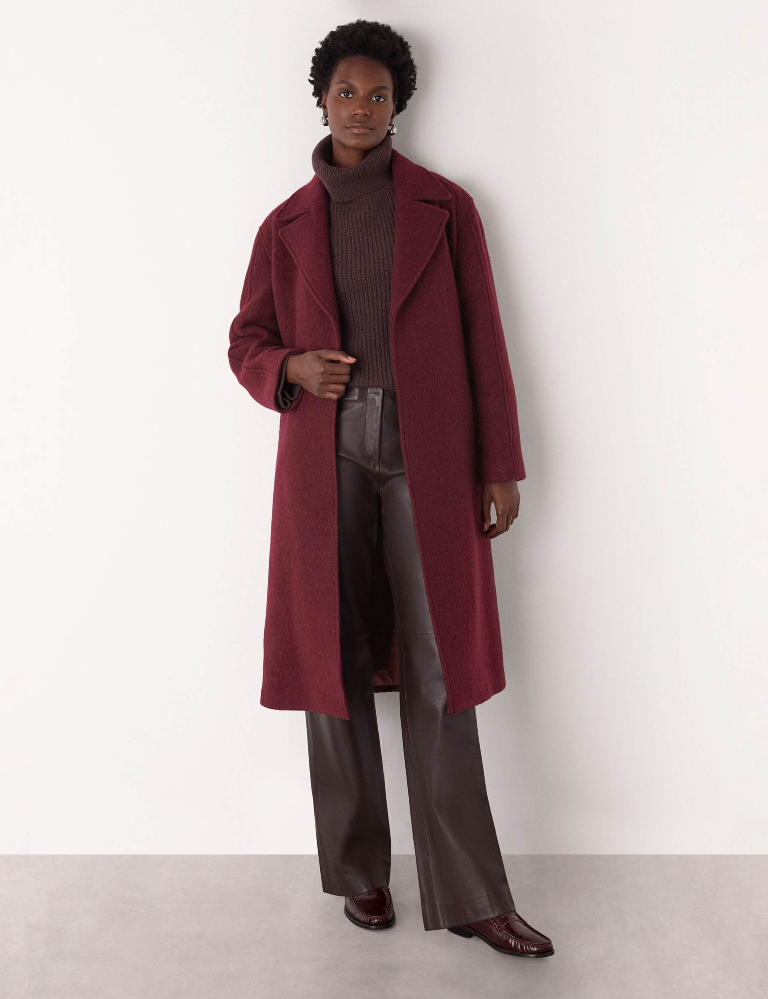 Pure Wool Textured Belted Longline Wrap Coat