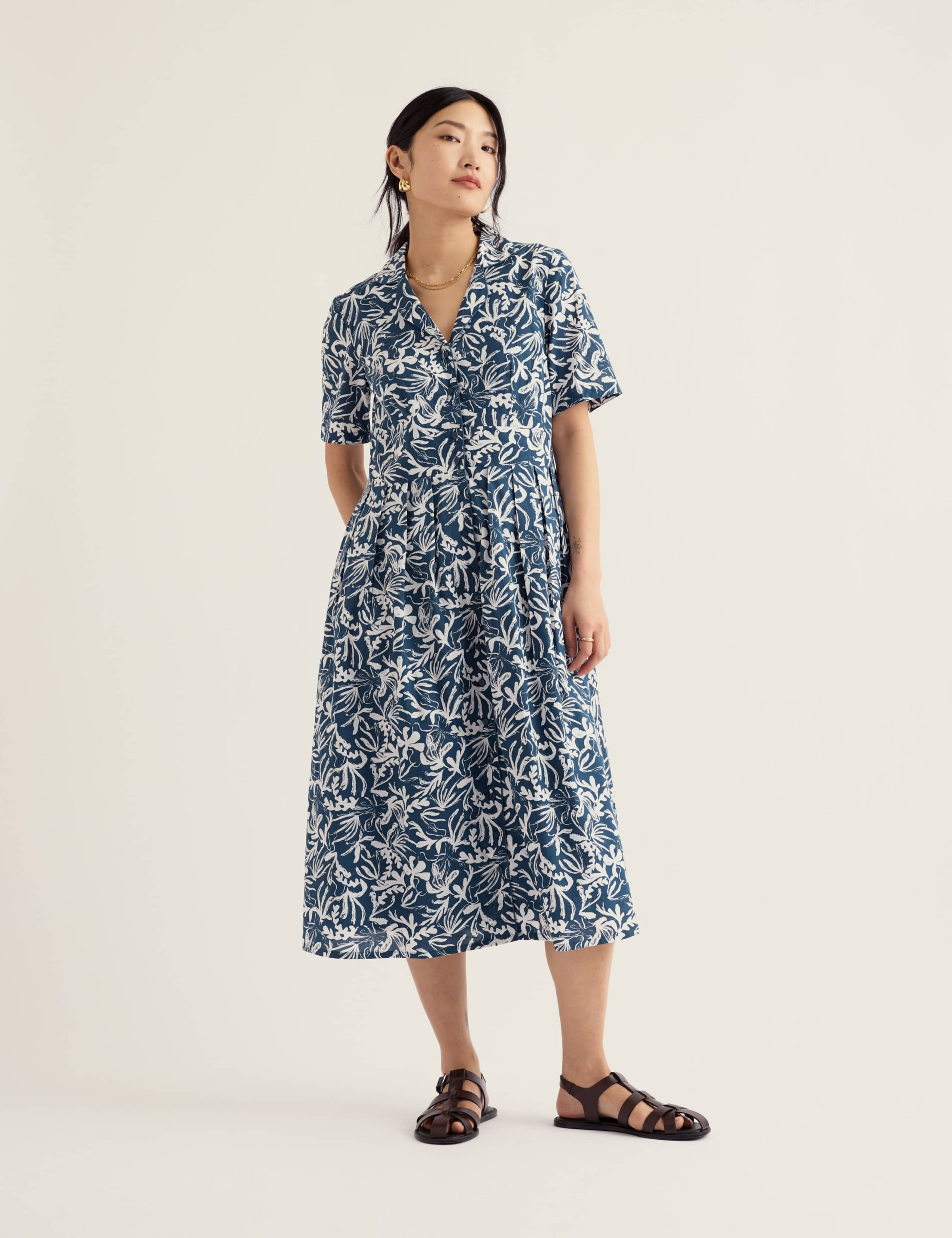 Pure Cotton Floral V-Neck Midi Shirt Dress