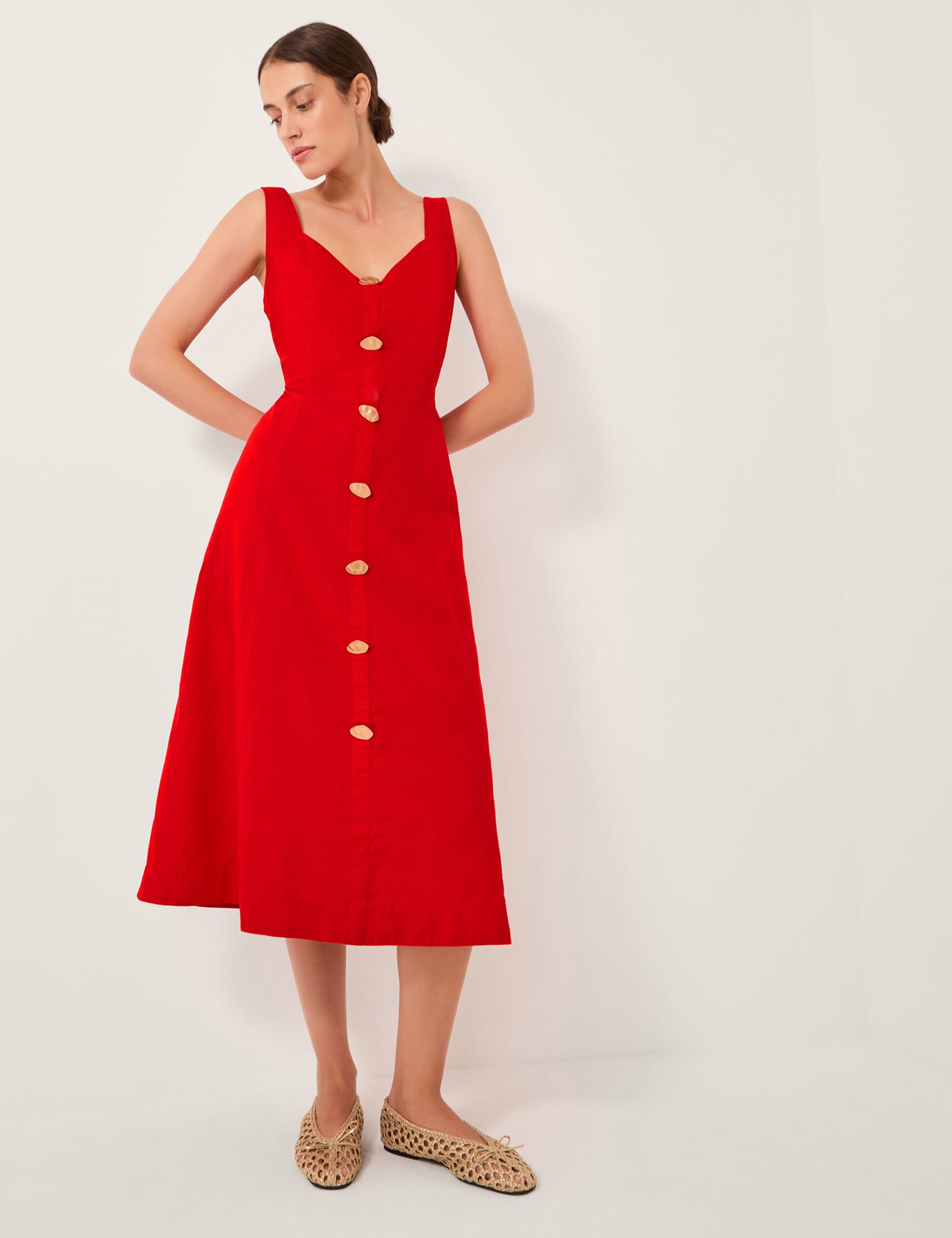 Cotton Rich Button Front Midi Dress with Linen