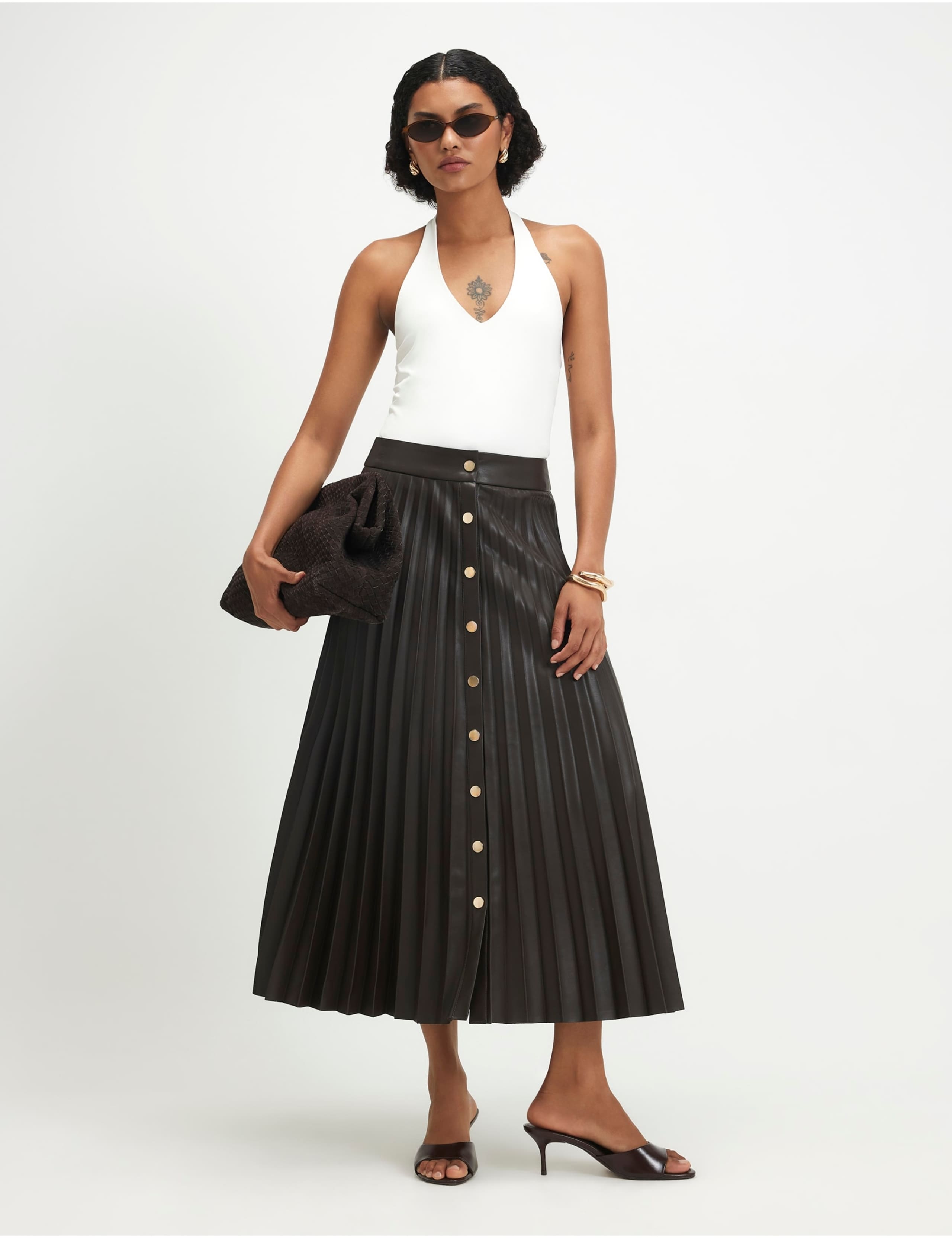 Leather Look Popper Front Pleated Midi Skirt
