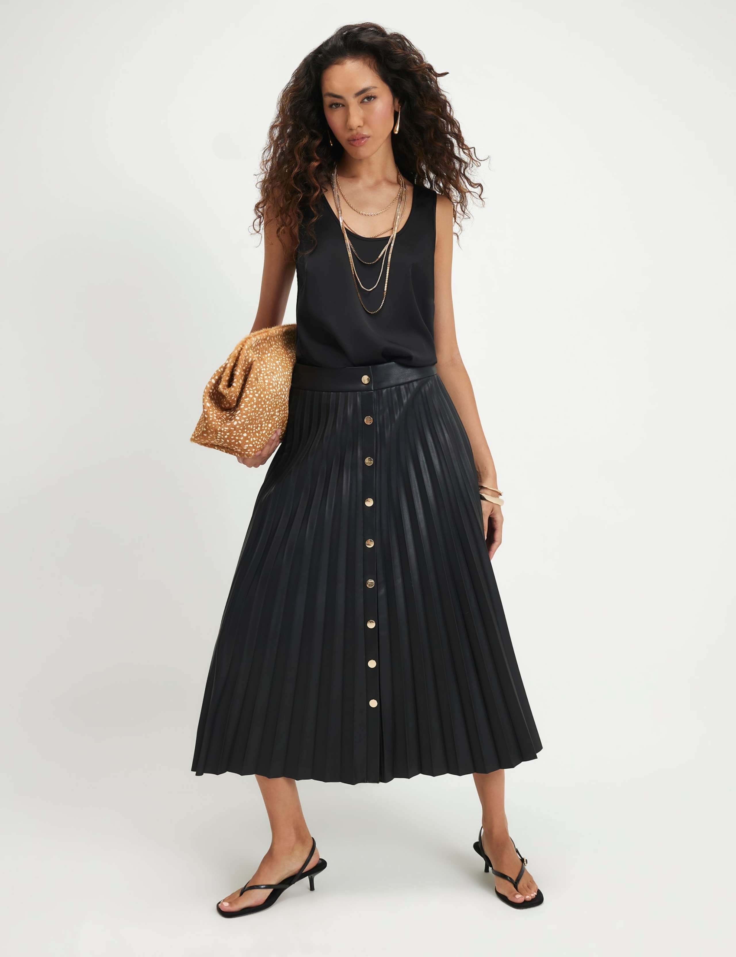 Leather Look Popper Front Pleated Midi Skirt