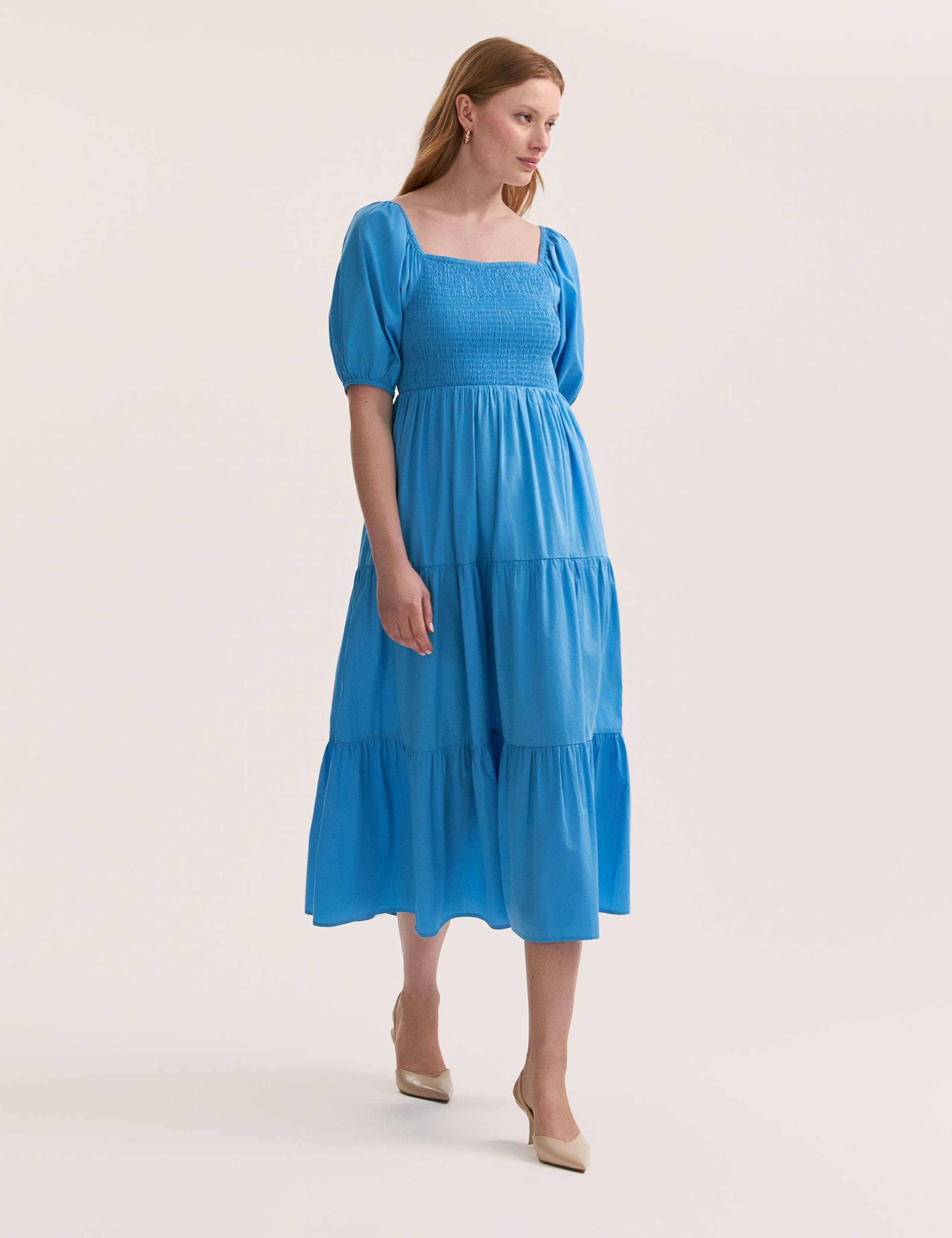 Pure Cotton Square Neck Midi Tiered Dress