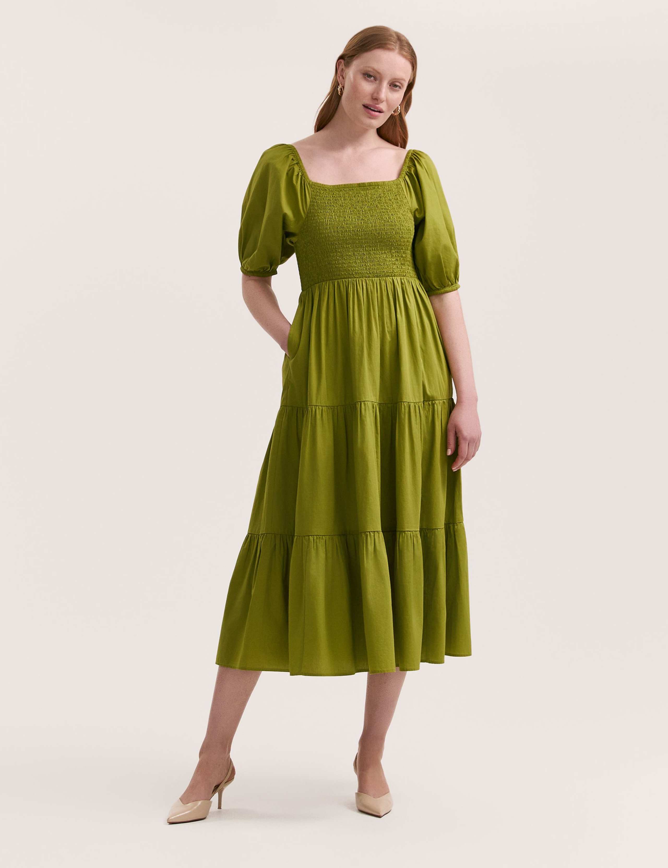Pure Cotton Square Neck Midi Tiered Dress