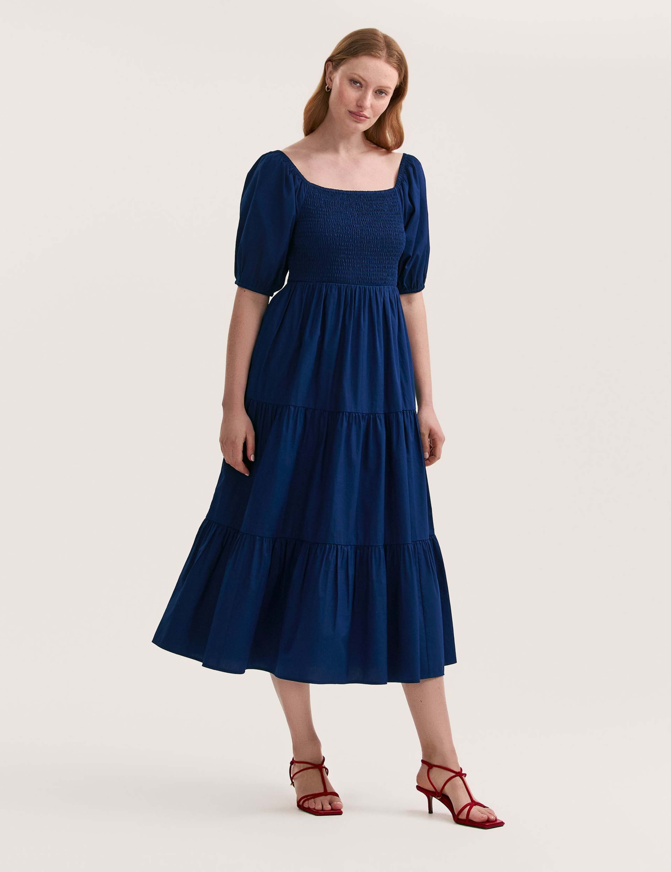 Pure Cotton Square Neck Midi Tiered Dress