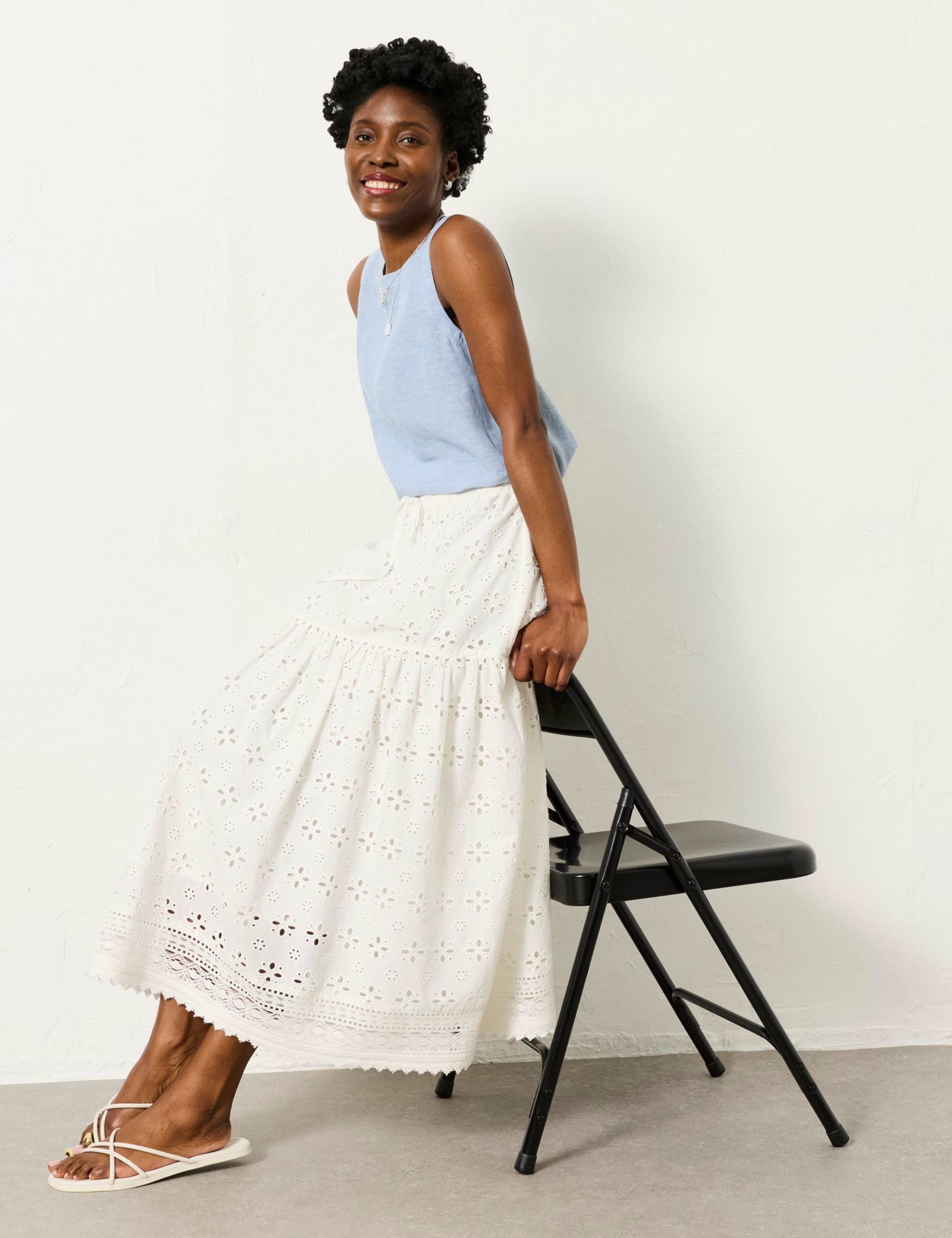 Pure Cotton Broderie Midi Tiered Skirt