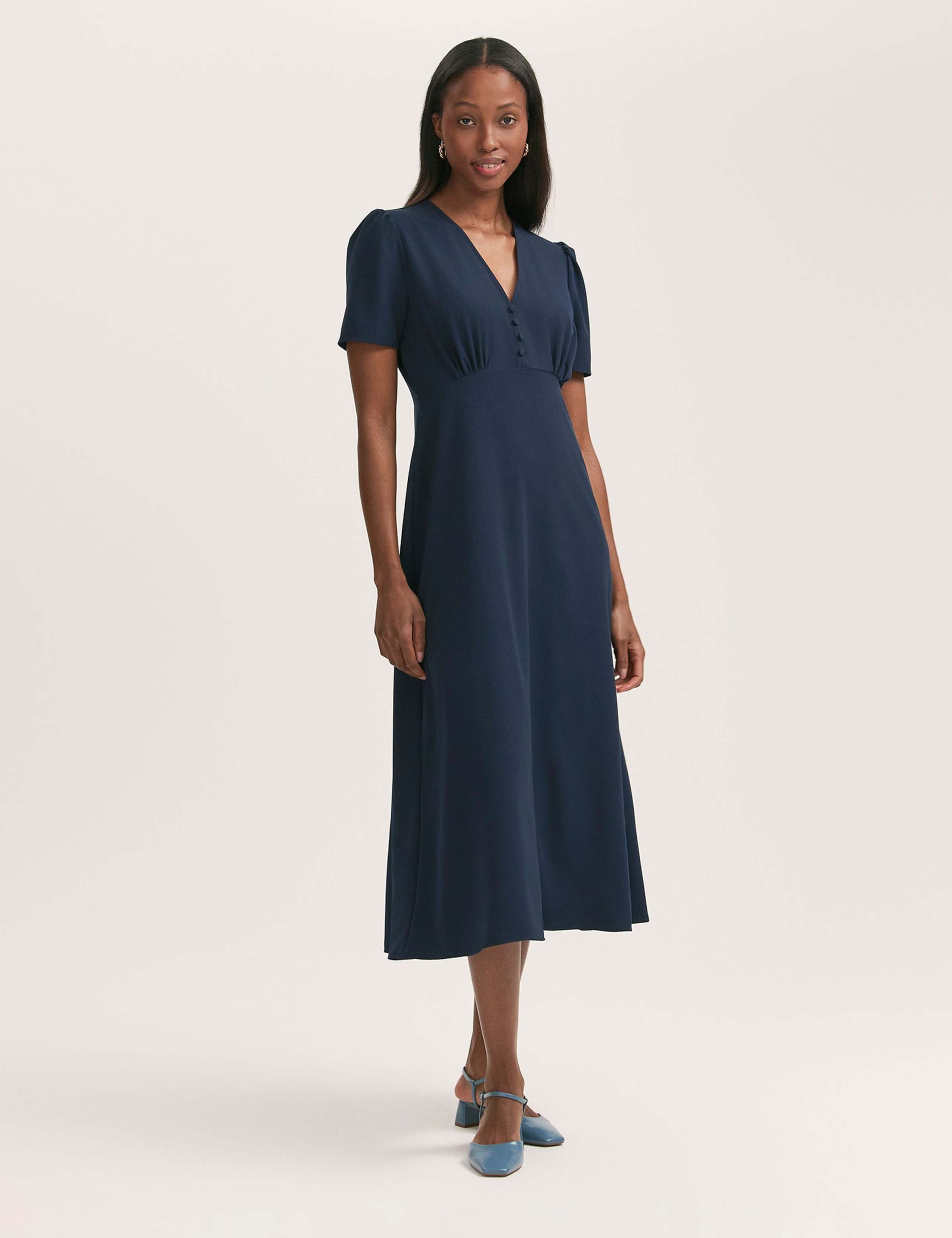 V-Neck Button Front Midi Tea Dress