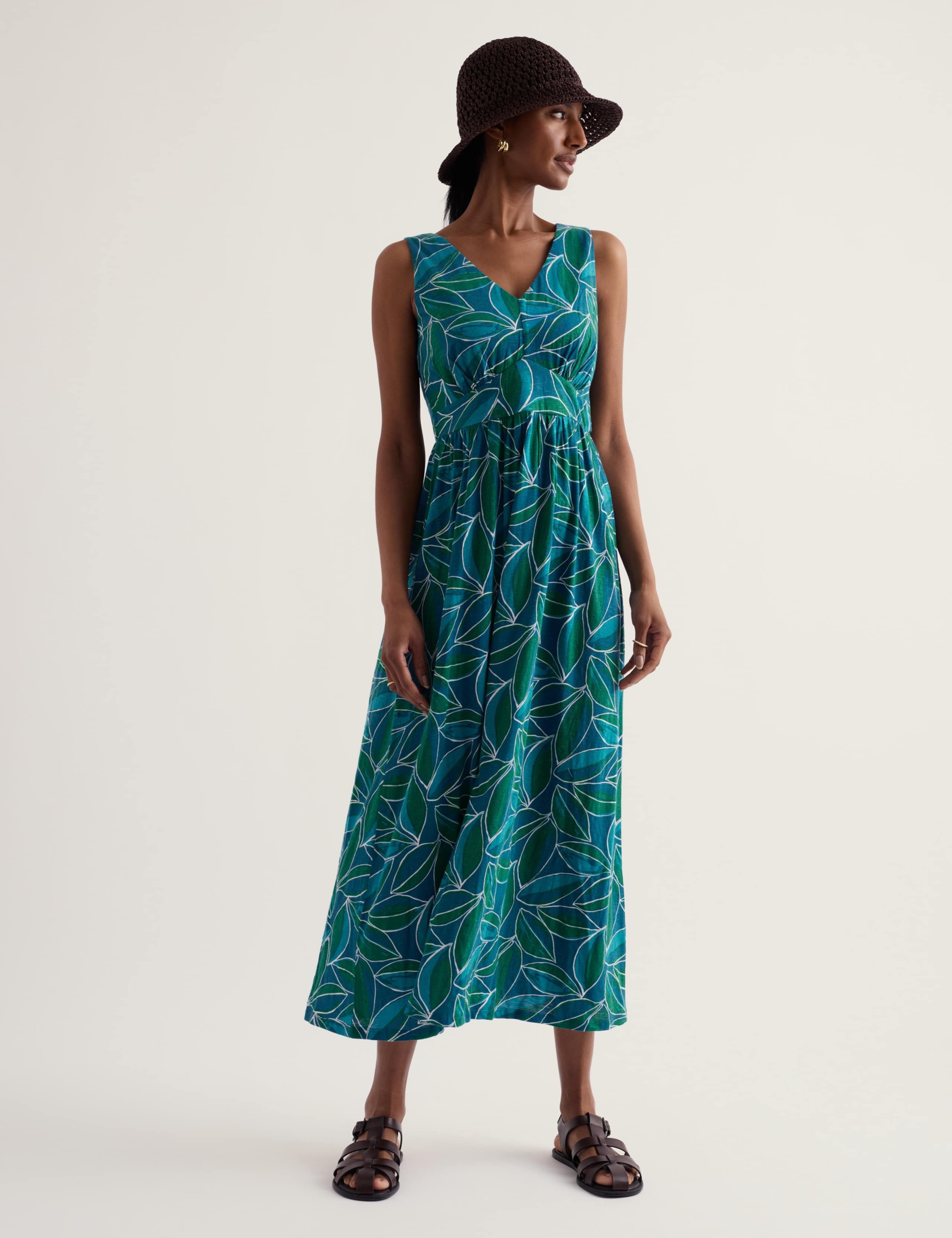 Pure Cotton Print V-Neck Midaxi Skater Dress