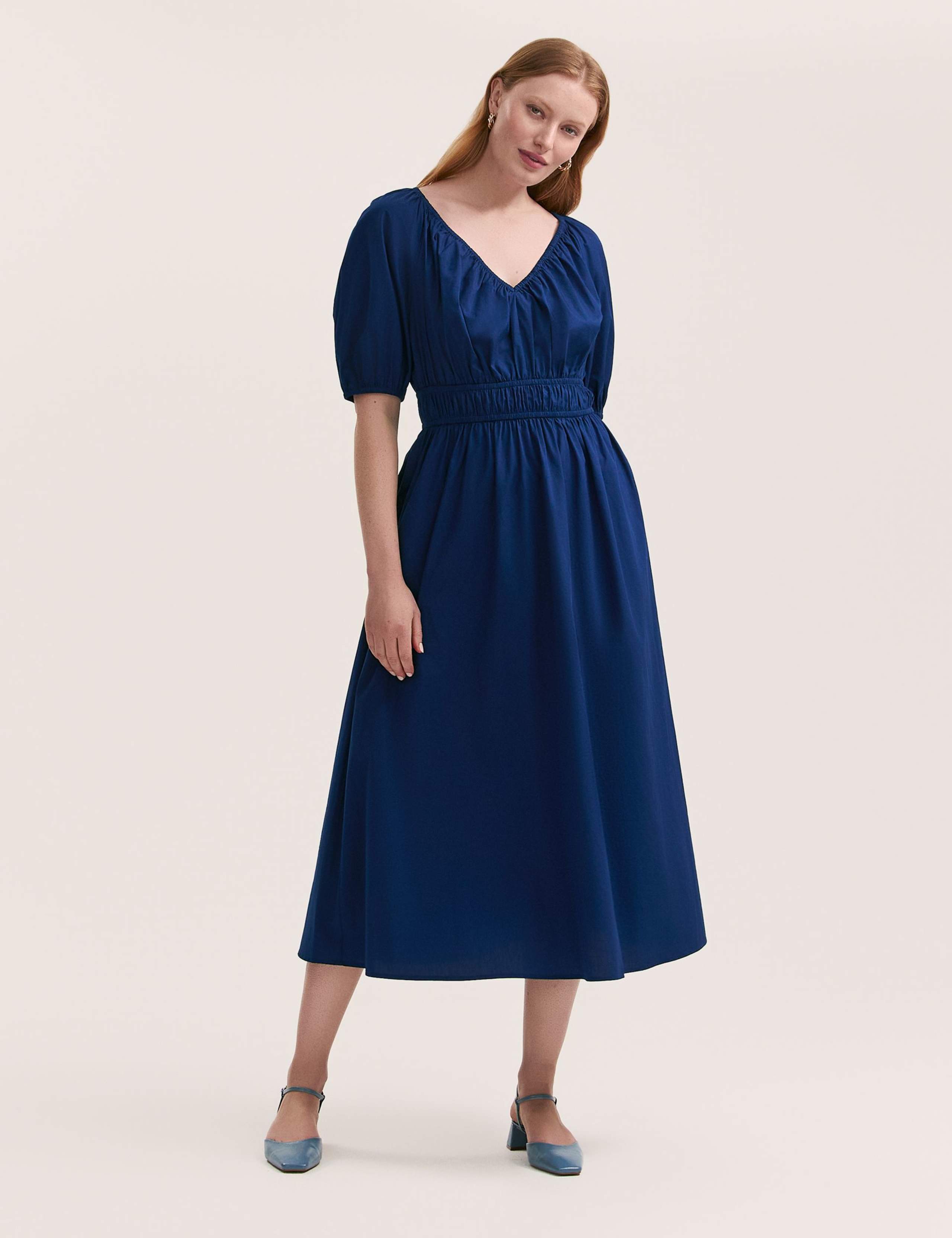 Pure Cotton V-Neck Midi Waisted Dress